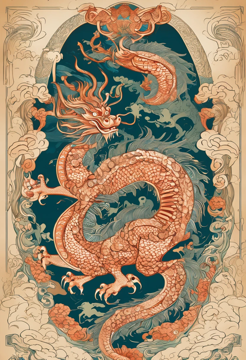 In the style of Ivan Aivazovsky,Iconic symbols of plants, Minimalist Style, Chinese dragon totem art illustration graphic illustration, Laser diffused gradient metallic colors, New surreal poster design, Bold print, Metal Relief, Dual Tone, Plain background, Cloud pattern China, Lotus pattern, Square pattern, 8k, 超High resolution, Highest quality, High resolution