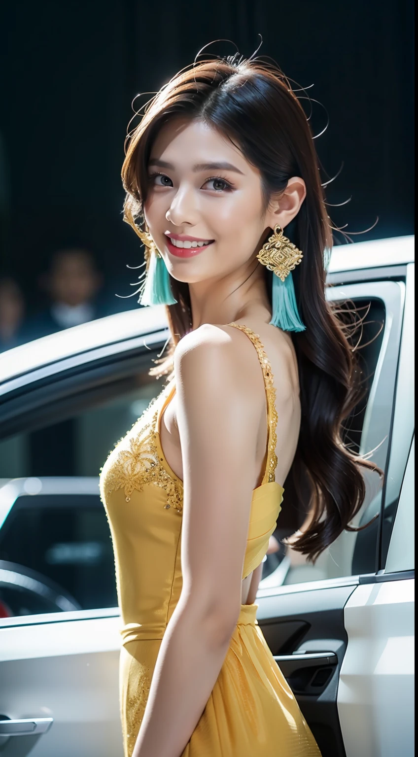 (8K分辨率,Photo above the thigh,Sideways close-up photo),(1womanl,age 22,((Facial features of Thai Aom:1.8,s delicate face,详细的脸),(Long hair micro-curls),A confident smile),Fair smooth skin,(Best Skin Type:1.21),busty figure,((High luxury dress,breathable,grid,silk thread),Elongated earrings,Tall and tall,(Stand in front of the front of the car,Naturally placed hands),delicate artwork,perfect hand,Ultra-fine clothing material),(Motor show venue,A modified gas car,Charming model,Exquisite details of the auto show environment),(Professional lighting,动态照明),((Dignified and elegant,black in color,white colors,red colour))),(Golden section,Cinema lenses,Hasselblad photograp,tmasterpiece:1.3),(Auto show model,fashion art,trendsetting,Official propaganda,Art platform)