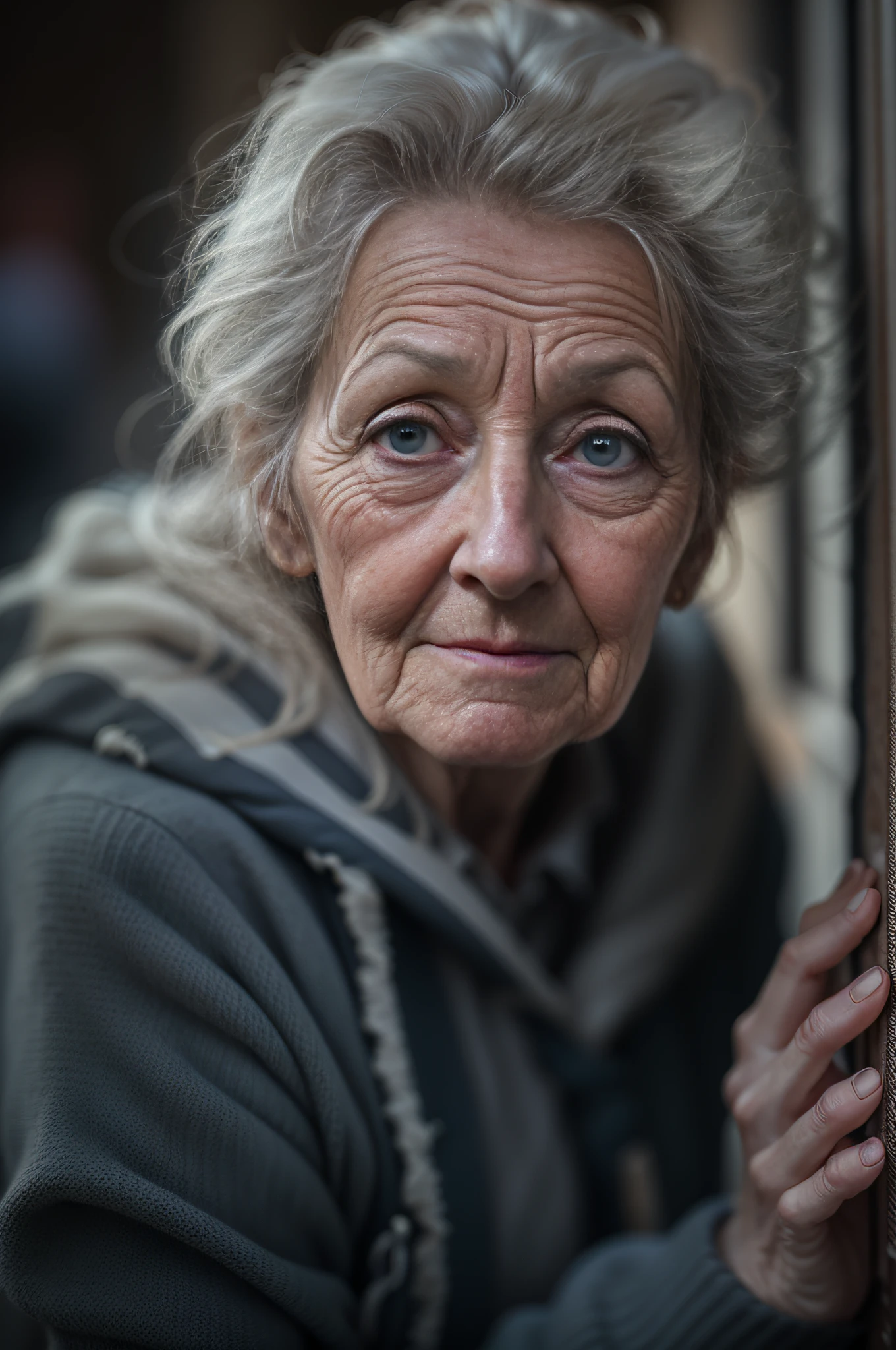 Highly detailed RAW portrait,A tired elderly Irish woman, Worn texture, Visible skin pores, and nose piercing. The lighting is perfectly balanced,realisticlying, It has sharp focus and smooth depth of field. Shot with Sony Alpha 1 and 85mm f in 8K UHD/1. 4 lenses,a shutter speed of 1/500 and ISO 100 film. The color palette is neutral and soft, Render realistic depictions.