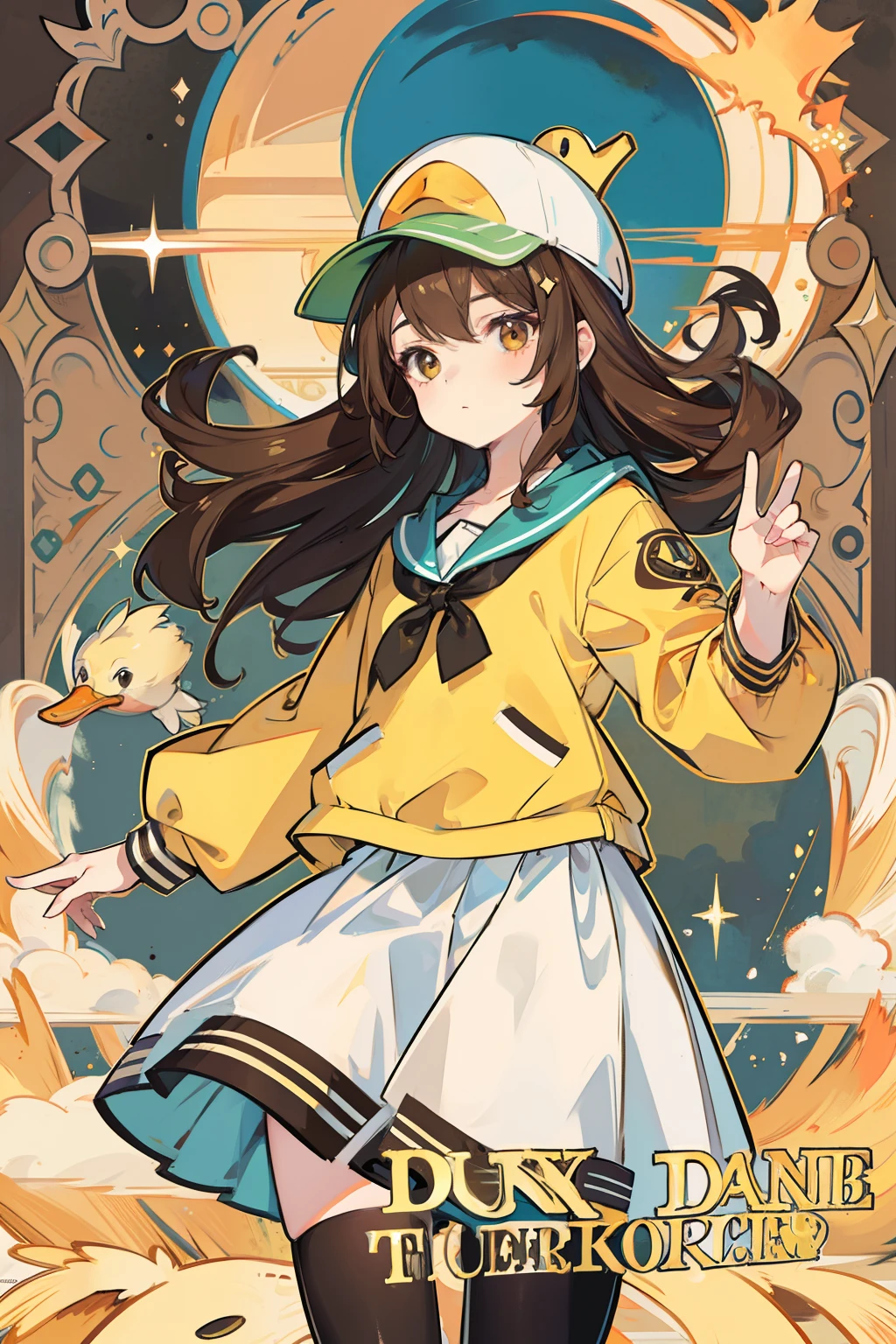 Girl who loves duck brown hair double low balls,Wore a duck hat,it's lovely