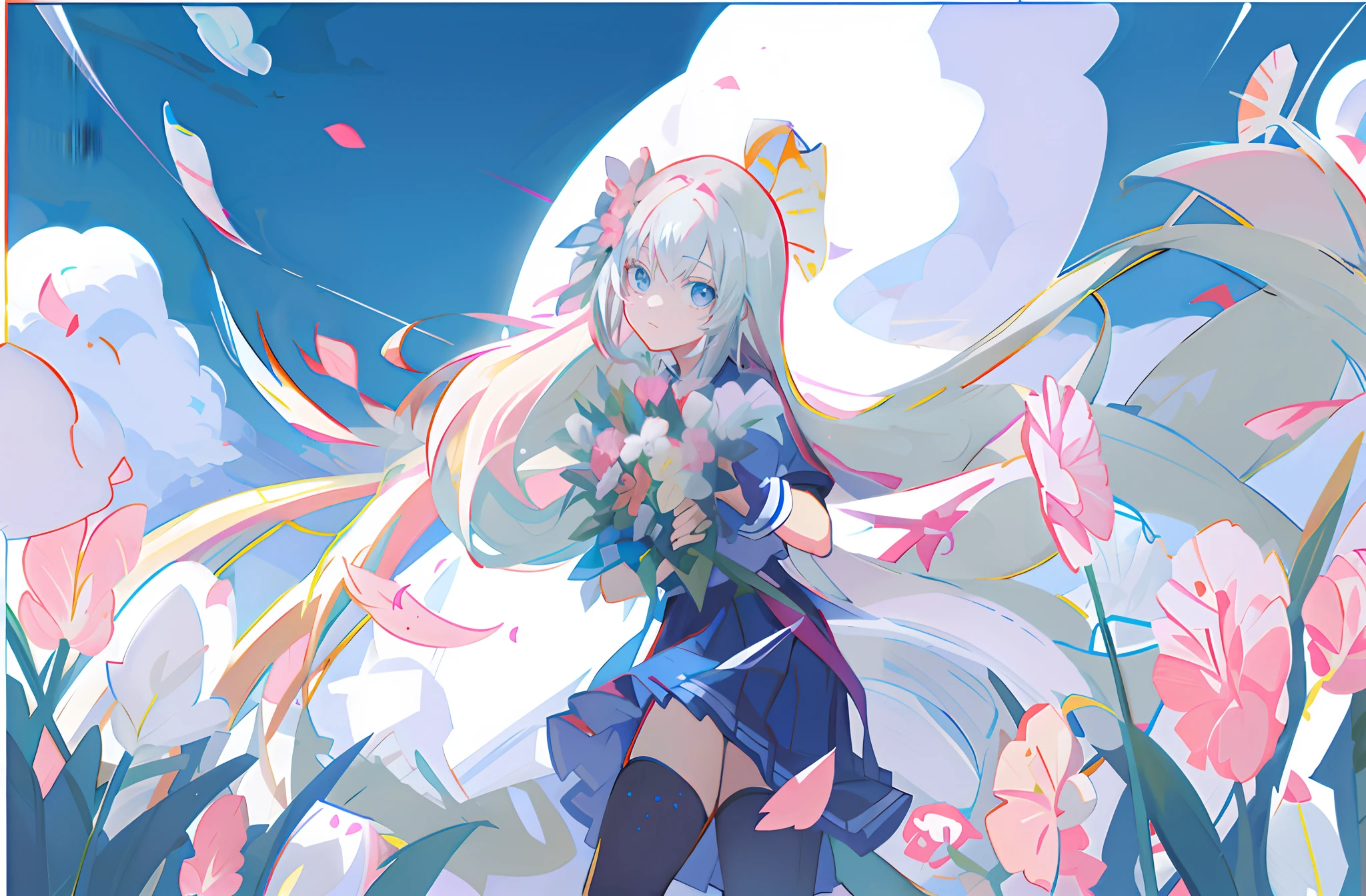 Anime girl with long white hair holding a large bouquet of flowers,Blue sky and white clouds in the background，Surrounded by a sea of pink flowers,Sunny weather