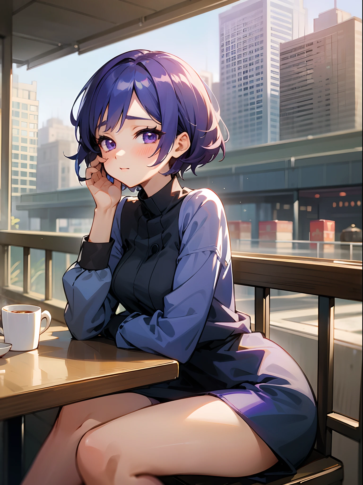 Anime girl with black short hairs, purple eyes, sitting on the chair, morning, city, restaurant, breakfast, blush, 4k, high quality, supersharp, masterpiece, beautiful woman, perfect body, perfect face, cute face,