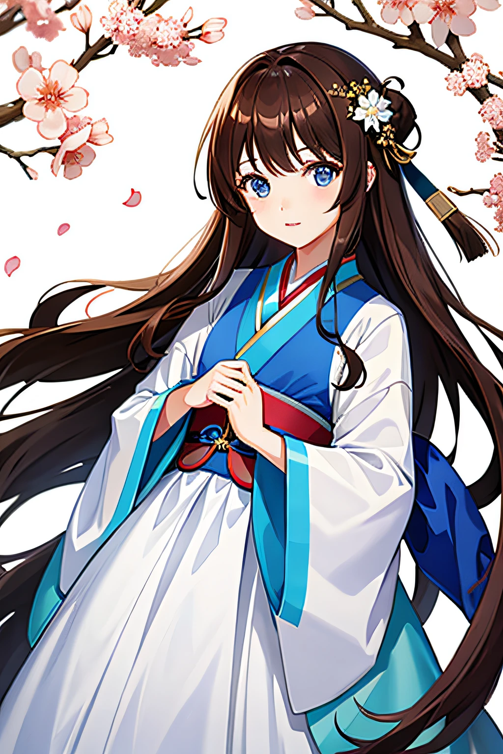 1 girl Hanfu brown hair blue eyes standing