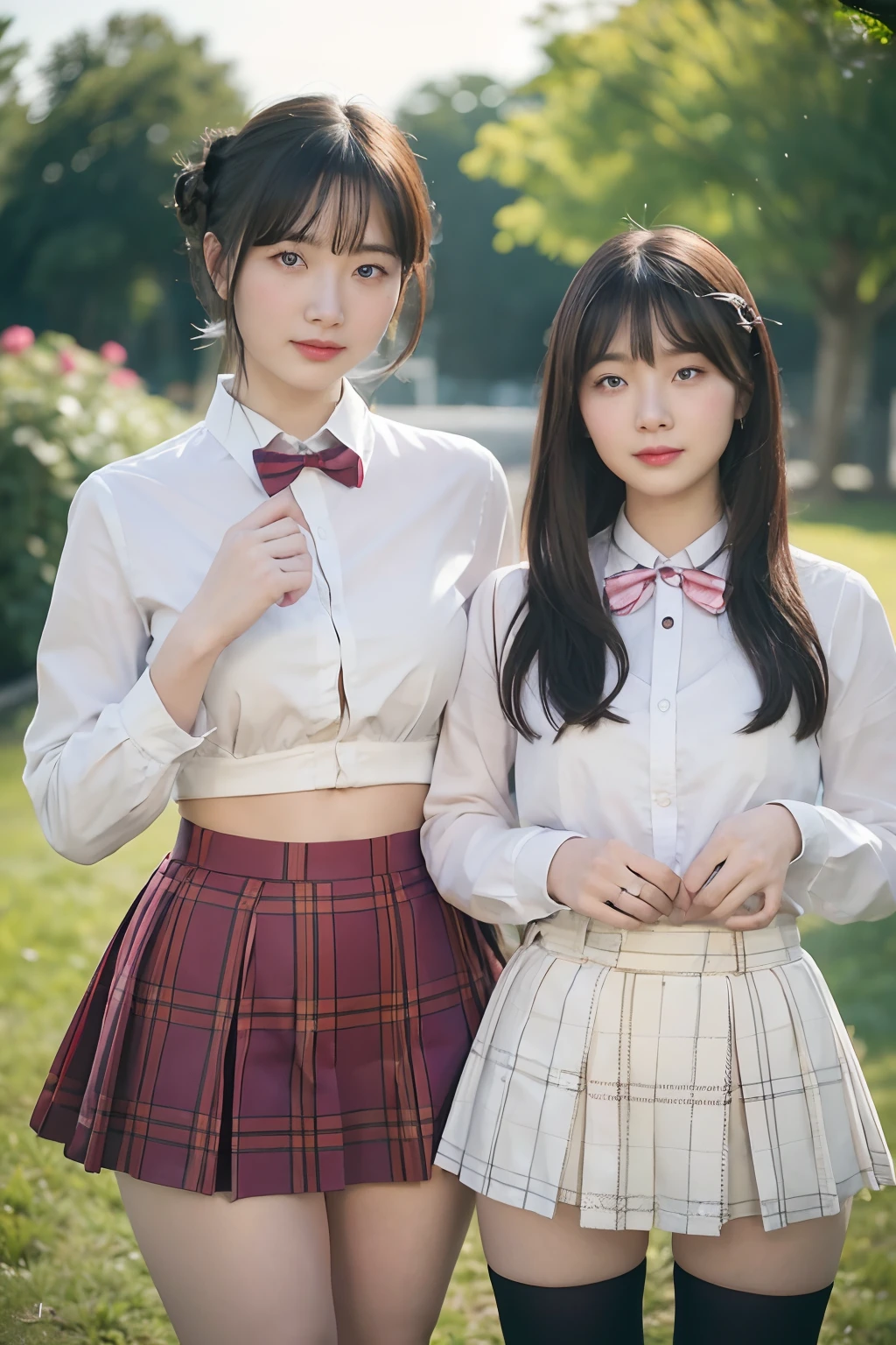 ((Two girls,duo,Face focus,caressing the,Postural collar))"Beautiful female characters in anime style、navel,Short blue hair、eBlue eyes、A smile、blazers、white  shirt、red bowtie、red plaid skirt、Figures in black stockings、Bouquet in hand、Scene of dancing in a summer garden。With high-quality depictions and the highest quality、emphasizing thighs、In the bright sun、The whole body glows、Paint a gorgeous picture。" A high resolution， the detail， RAW photogr， Sharp Re， Nikon D850 Film Stock Photo by Jefferies Lee 4 Kodak Portra 400 Camera F1.6 shots, Rich colors, ultra-realistic vivid textures, Dramatic lighting, Unreal Engine Art Station Trend, cinestir 800，
(Photography：Canon EOS R6, 85 mm, 1/1250, f/2.0, ISO 400)、extra detailed body、extra detailed face、best qualtiy:1.2)