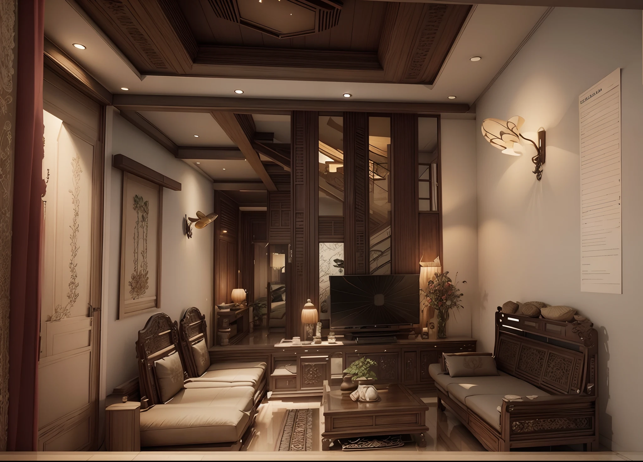 Interior design corridor floor plan, Southeast Asian style decoration, multi-angle display, 3d rendering, comfortable interior lighting, super detail, movies, furniture and windows in the evening, 8K
