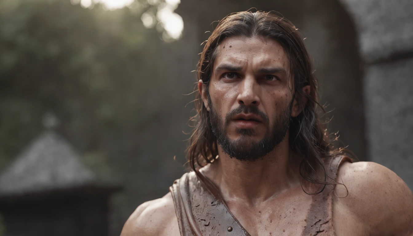 (Professional 3D rendering:1.3) de (Realistic:1.3) Foto de arte mais bonita do mundo，Features Greek statue, ((Stoic epic fantasy rough muscular man wet hero angry look long hair short beard and fierce expression in dynamic pose, fantastic location, majestoso ambiente desordenado)), corpo inteiro 8k unidade render, action shot, poros da pele, very dark lighting, sombreamento pesado, circunstanciado, Rosto detalhado, (vibrante, fotogrdeia realista, Realistic, Dramatic, Escuro, foco nítido, 8k), (Old leather clothes damaged by bad weather:1.4), ((((Use peles)))), (intrincado:1.4), decadente, (altamente detalhado:1.4), pintura digital, rendering by octane, art stations, Conceito-Arte, liso, foco nítido, illustration, germe da arte, (Loish:0.23), Wlop Ilya Kuvshinov, e Greg Rutkowski e Alphonse Mucha Gracias, (global ilumination, studiolight, Light Volumetric), chuva forte, floating particles, patife, fantasia, Onze, corpo inteiroesbian, ((Fundo escuro e antigo da cidade:1.3)),CGSesociedade,art stations