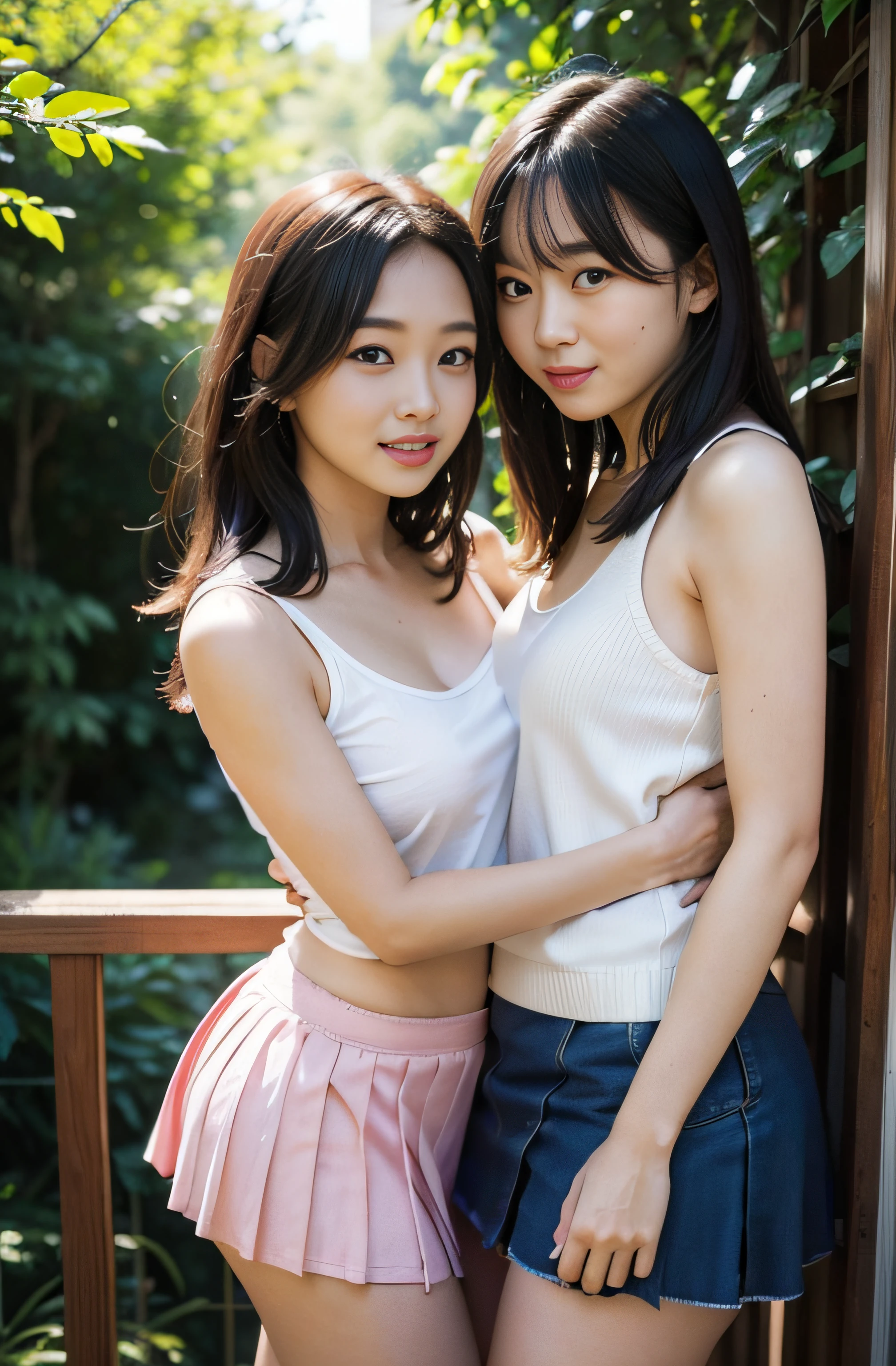 Realistic,Photorealistic,RAW photogr,2 women having fun,leering:1.2, Super big eyes:1.5,lecherous:1,2, Hentai:1,2, NSFW:1,2, Lesbian Yuri:1,2, Kissing, Blushing, Wear a tank top and pleated miniskirt, Hot summer days