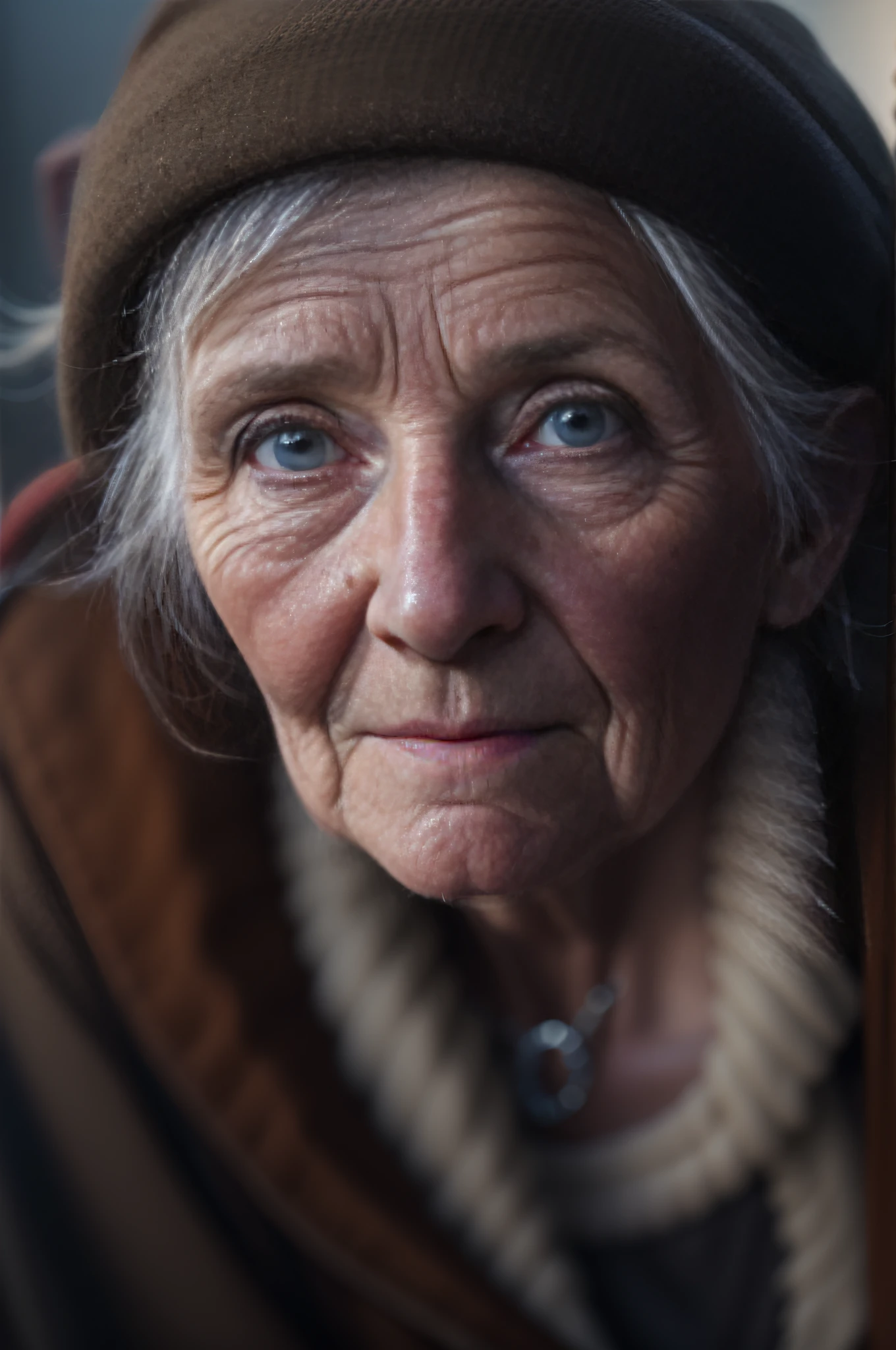 Highly detailed RAW portrait,A tired old Irish woman, Worn texture, Visible skin pores, and nose piercing. The lighting is perfectly balanced,realisticlying, It has a sharp focus and smooth depth of field. Shot in 8K UHD with Sony Alpha 1 and 85mm f/1. 4 lens,a shutter speed of 1/500 and ISO 100 film. The color palette is neutral and soft, Render realistic depictions.