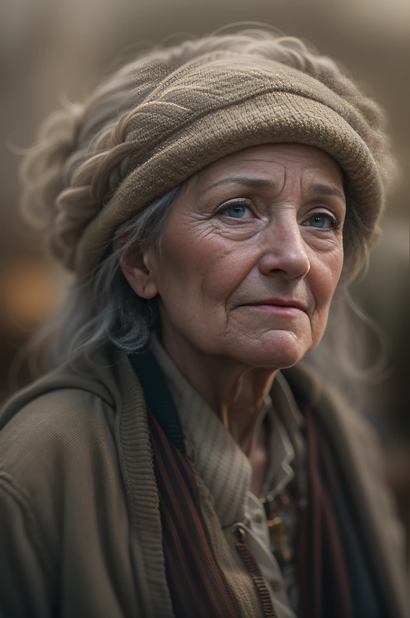 Highly detailed RAW portrait,A tired old Irish woman, Worn texture, Visible skin pores, and nose piercing. The lighting is perfectly balanced,realisticlying, It has a sharp focus and smooth depth of field. Shot in 8K UHD with Sony Alpha 1 and 85mm f/1. 4 lens,a shutter speed of 1/500 and ISO 100 film. The color palette is neutral and soft, Render realistic depictions.