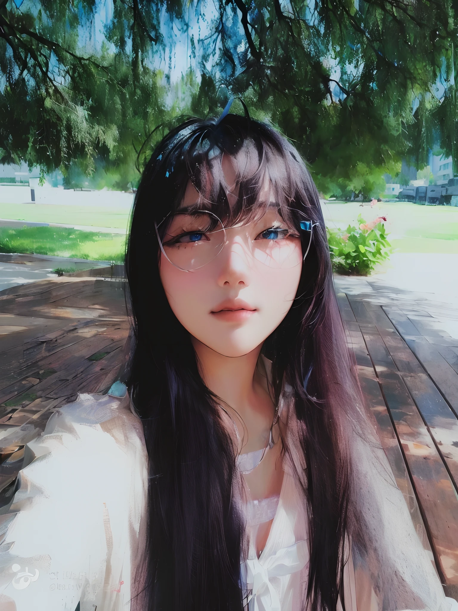 official art, masterpiece, sharp focus, (beautiful gorgeous cute Korean woman:1.3), (beautiful cute korean:1.3), korean beauty, Delicate and beautiful hair and eyes and face, realistic, ultra detailed, beautiful girl, blue sky, glow white particle, (sidelighting:1.2), sun light, white cloud, detailed clouds, slender, Lovely very large breasts and very large hip, open both eyes)), scenery, long straight hair, cute facial expression, building, (cityscape:1.7), dynamic hair, long straight hair, detailed platinum pink hair, glow blue eyes, (blue pleated shirts + white skirt), white long socks, pale skin, hair ornament, epic scenery,