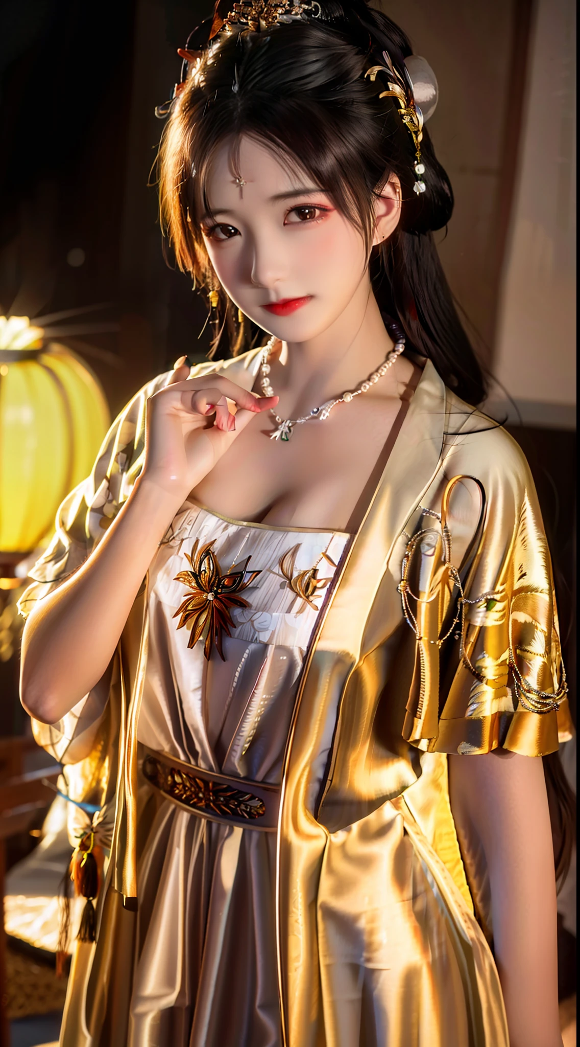 best quality, masterpiece, highres, 1girl, china dress, hair ornament, necklace, jewelry, Beautiful face, upon_body, tyndall effect, photorealistic, dark studio, rim lighting, two tone lighting, (high detailed skin:1.2), 8k uhd, dslr, soft lighting, high quality, volumetric lighting, candid, Photograph, high resolution, 4k, 8k, Bokeh, medium breasts,