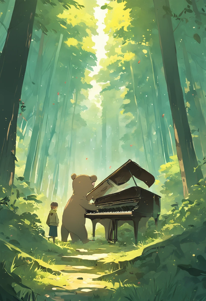 There is a piano in the middle of the forest,A bear plays the piano, anime lush john 8k woods, atey ghailan 8 k, playing harp in magical forest, in style of atey ghailan, Inspired by Atey ghailan, Beautiful environment, forest setting, author:fujita goro, cinematic forest lighting, Karl Spitzweig. illusory engine