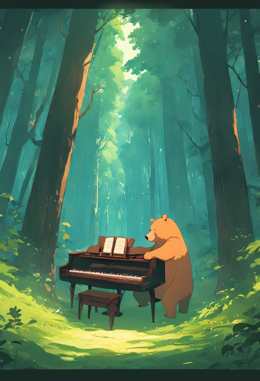 There is a piano in the middle of the forest，A bear plays the piano, anime lush john 8k woods, atey ghailan 8 k, playing harp in magical forest, in style of atey ghailan, Inspired by Atey ghailan, Beautiful environment, forest setting, author：fujita goro, cinematic forest lighting, Karl Spitzweig. illusory engine