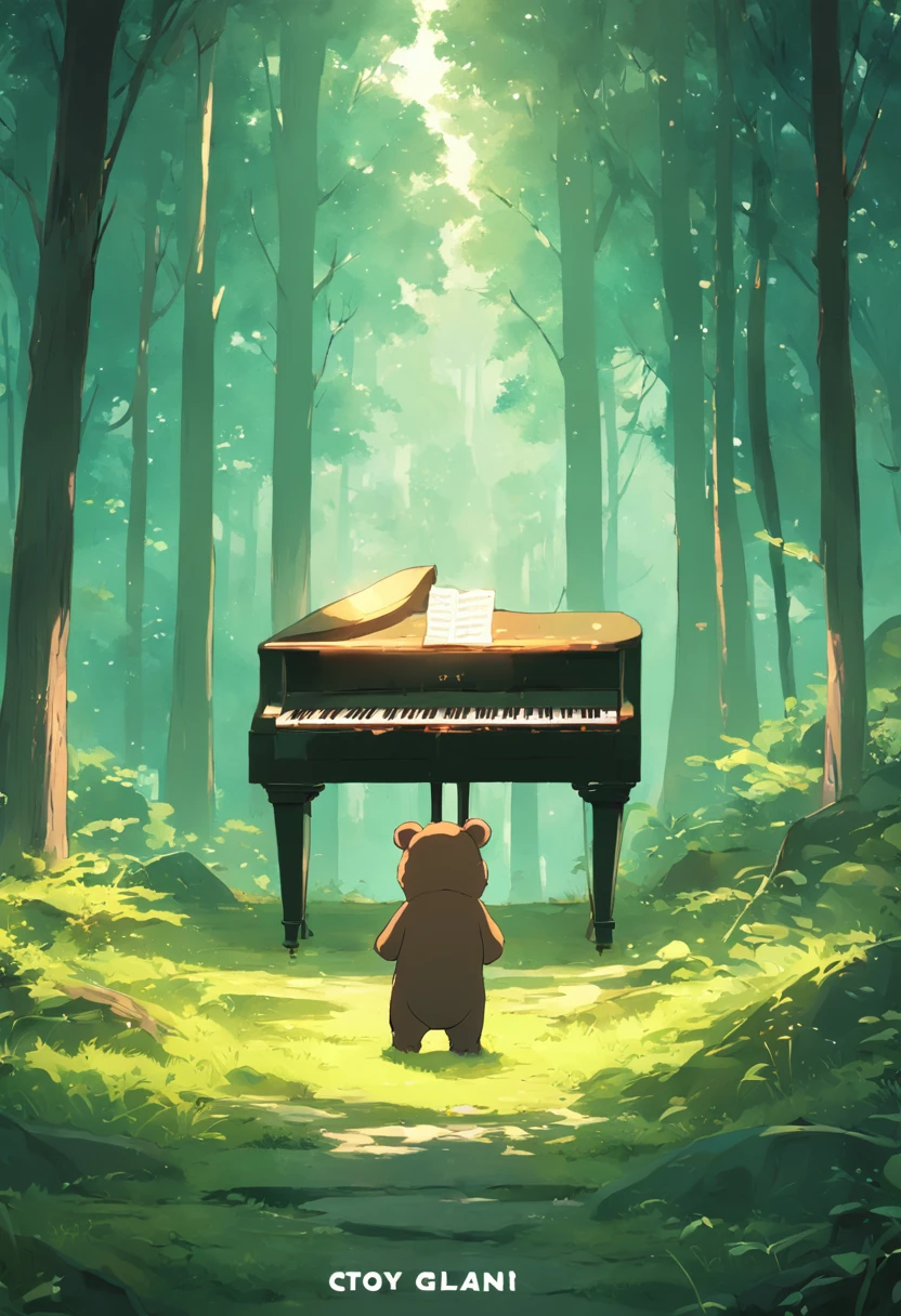 There is a piano in the middle of the forest，A bear plays the piano, anime lush john 8k woods, atey ghailan 8 k, playing harp in magical forest, in style of atey ghailan, Inspired by Atey ghailan, Beautiful environment, forest setting, author：fujita goro, cinematic forest lighting, Karl Spitzweig. illusory engine