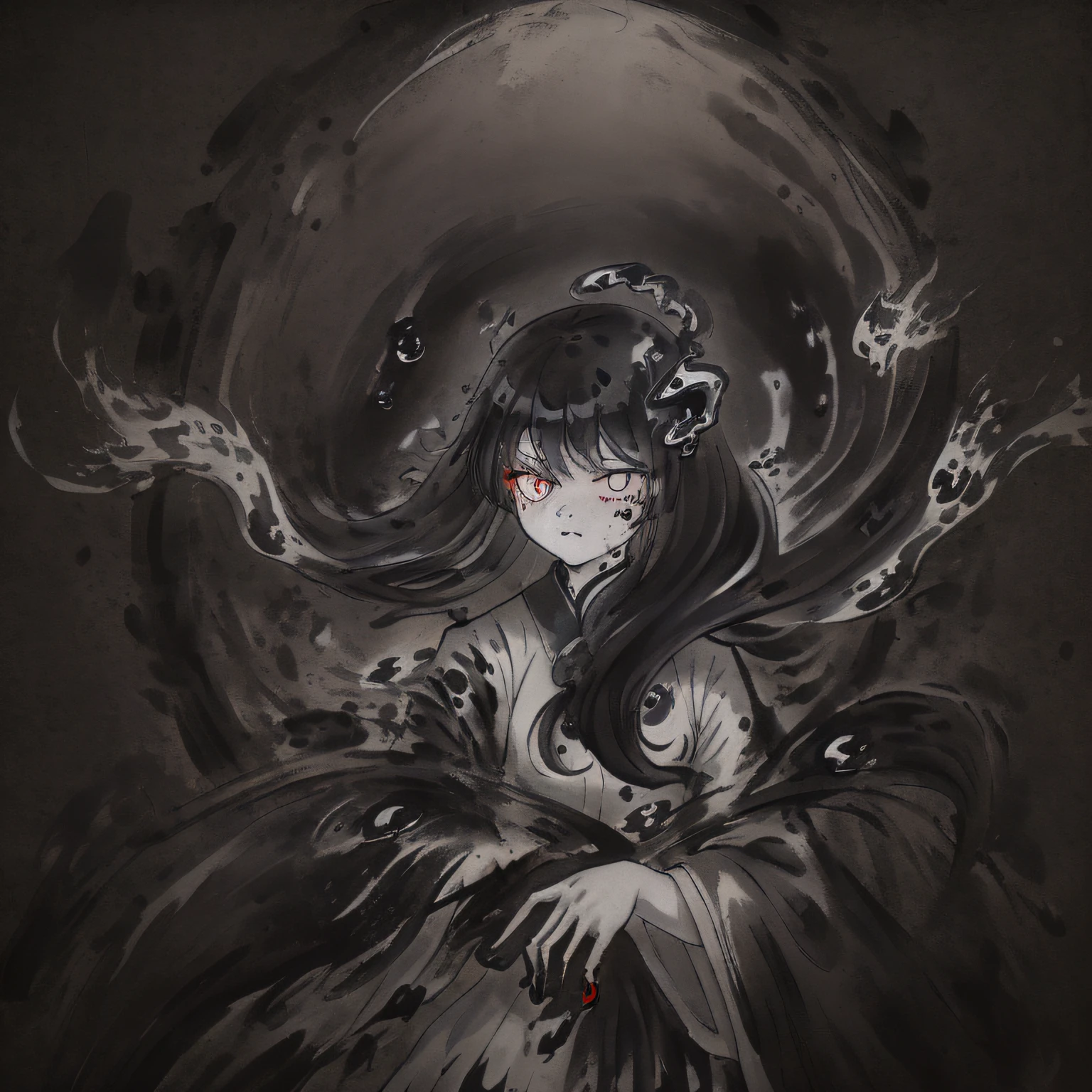 masterpiece, wallpaper, (highly detailed), [street, wall:(1girl), (solo), pale skin, [black eyes|red eyes], (hollow eyes), black hair, long hair, (liquid hair:1.2), floating hair, bangs, expressionless, (black goo:1.4), (white dress:1.2), (white skirt), white, intricated filigree, (stained clothes:1.2):0.25], (black goo:1.4), (black dripping), (black splashing:0.85), (tentacles:0.85), shiny, [:face focus, upper body, (cowboy shot), lateral view, dutch angle, dynamic:0.25], [white background|black goo], volumetric lighting, (high contrast:0.85), (limited palette:0.65)

No ink, no Chinese style can also be spilled，Jump out of the flat frame that most ink paintings struggle to jump out of。Use Black Goo and Tentacles，Dripping creates a feeling of droplets slowly running down the wall，Then cover a layer of high contrast and limited palette。Black Goo's multiple descriptions are necessary。