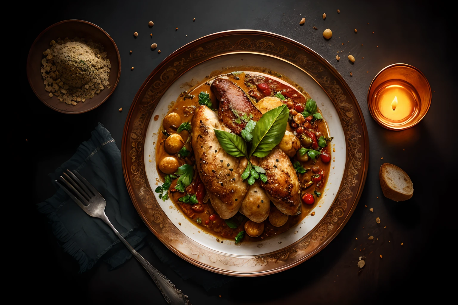 ((masterpiece:1.3,concept art,best quality)),nature morte,closeup shot of bread and chicken curry gurnished wel, in noble fancifull arrangement,decorated with aesthetic candle and soft toning food photography light,chopping block,abundance,view from above,spices,juices,droplets,abstract steaming background,intricate detail,insane detail,(creepy,fantasy art),cinematic lighting,editorial photography,food photography , extream detailed, RAW, HDR, realistic food photography , high dynamic range ,