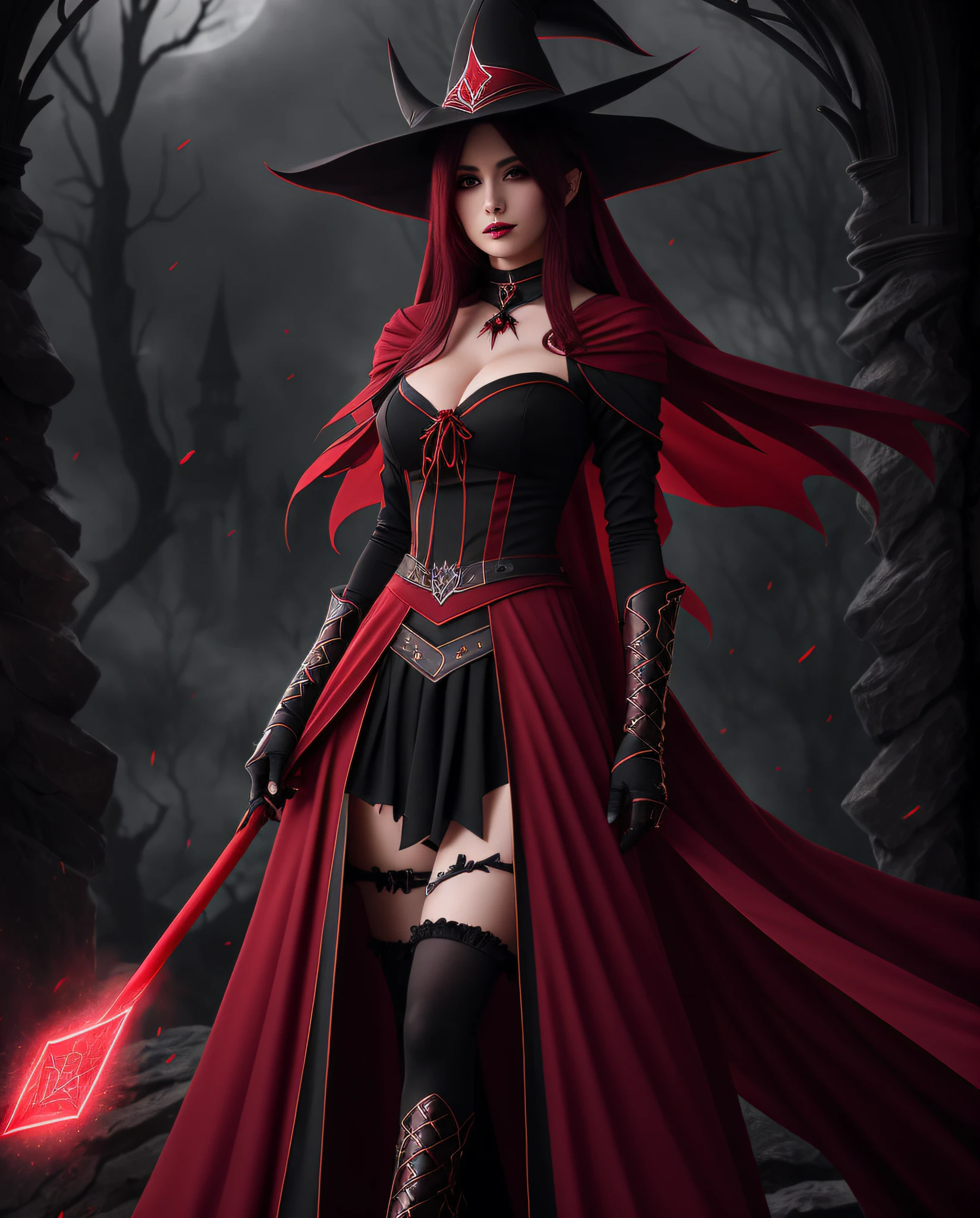 Facing the camera, witch dressed in red witch outfit, megumin costume, beautiful witch, dark witch, dark fantasy magician, evil witch, dark witch, beautiful witch, dark witch character, classical witch, beautiful witch, dark fantasy style art, magic scene, ultra-detailed, hyper sharp, fine quality,