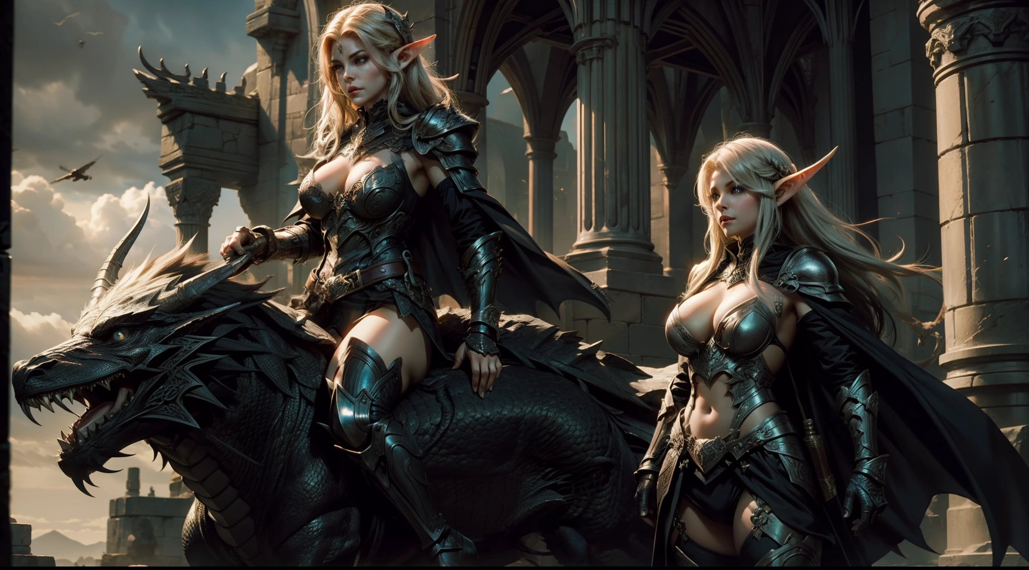 Female elf,Large breasts,Black armor,dramatics,Fly on a dragon
