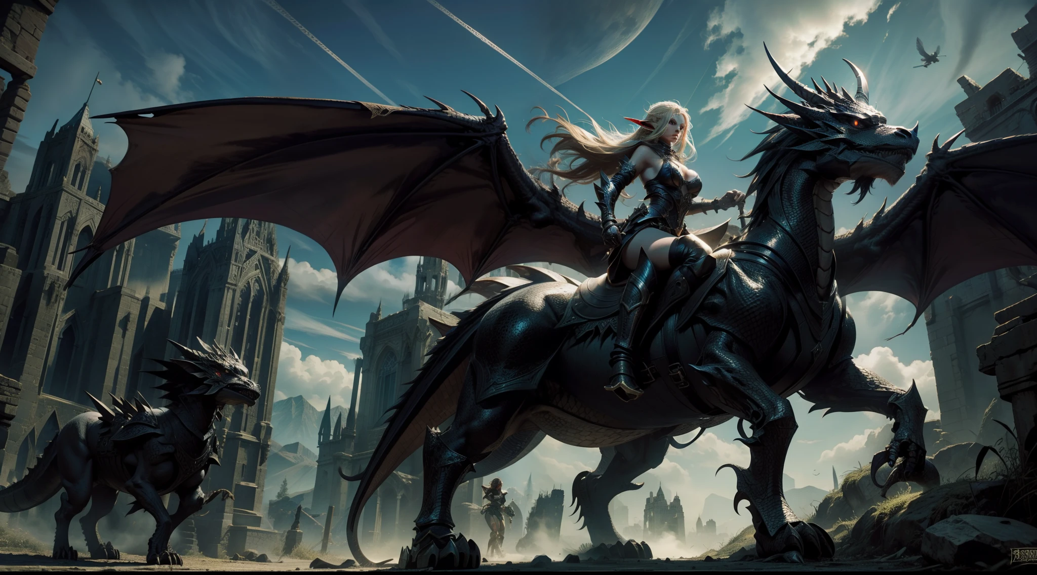 Sexy girl in fantasy with sword and armor riding a dragon