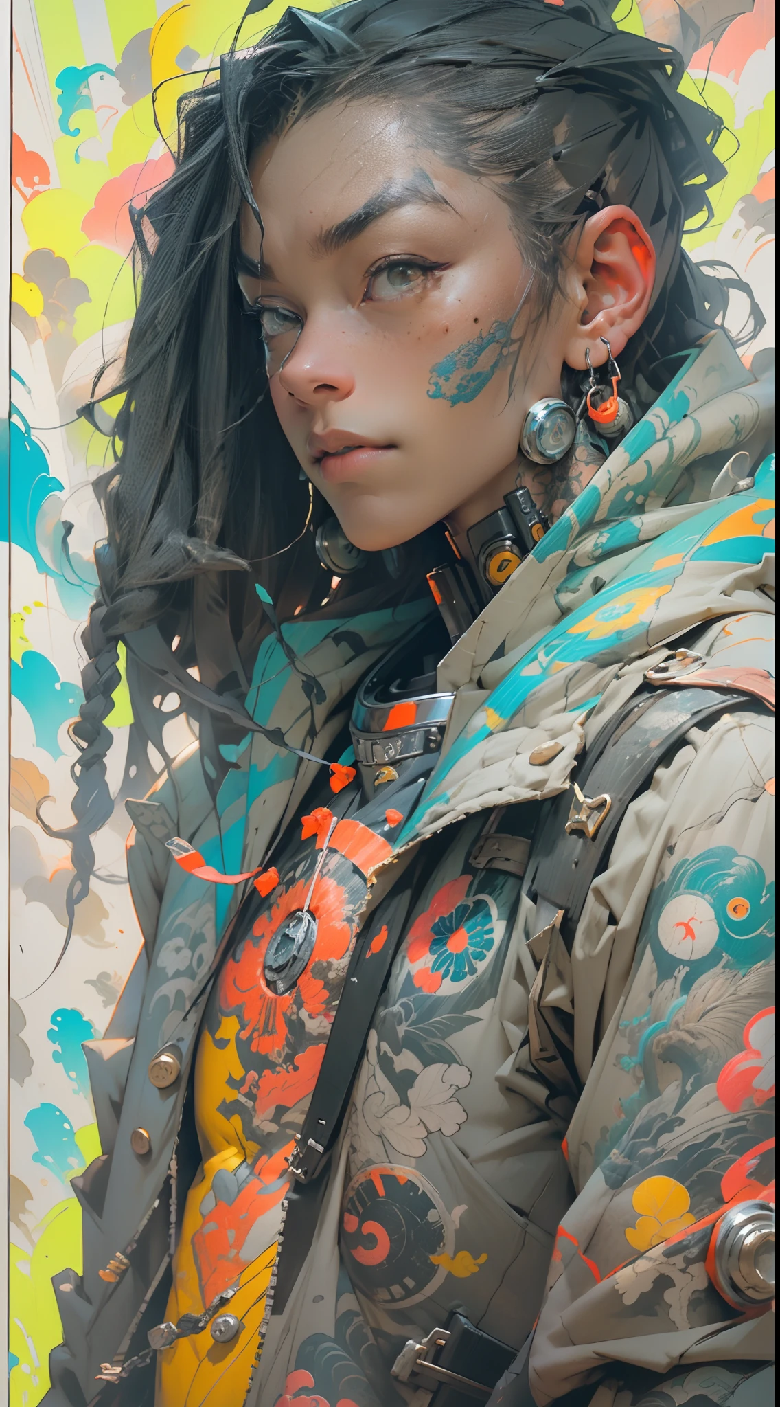 "1 cyborg with tattoos, dread hair in spring, puffer suit, vibrant and luminous colors, sharp and cinematic style, depth of field, capturing the essence of 35mm film, and a touch of luminous painting."