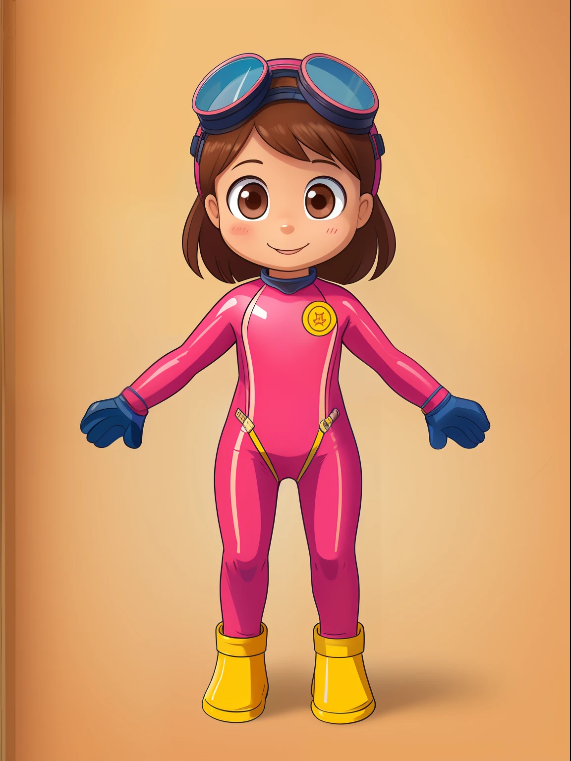 Frontal image of a 5--old l, standing, looking forward, with brown hair, brown eyes, rosy cheeks, arms open, legs spread apart, feet on the ground, clean background, diving goggles, pink diving suit, diving gloves, diving shoes, in a children's book illustration style, 2D.