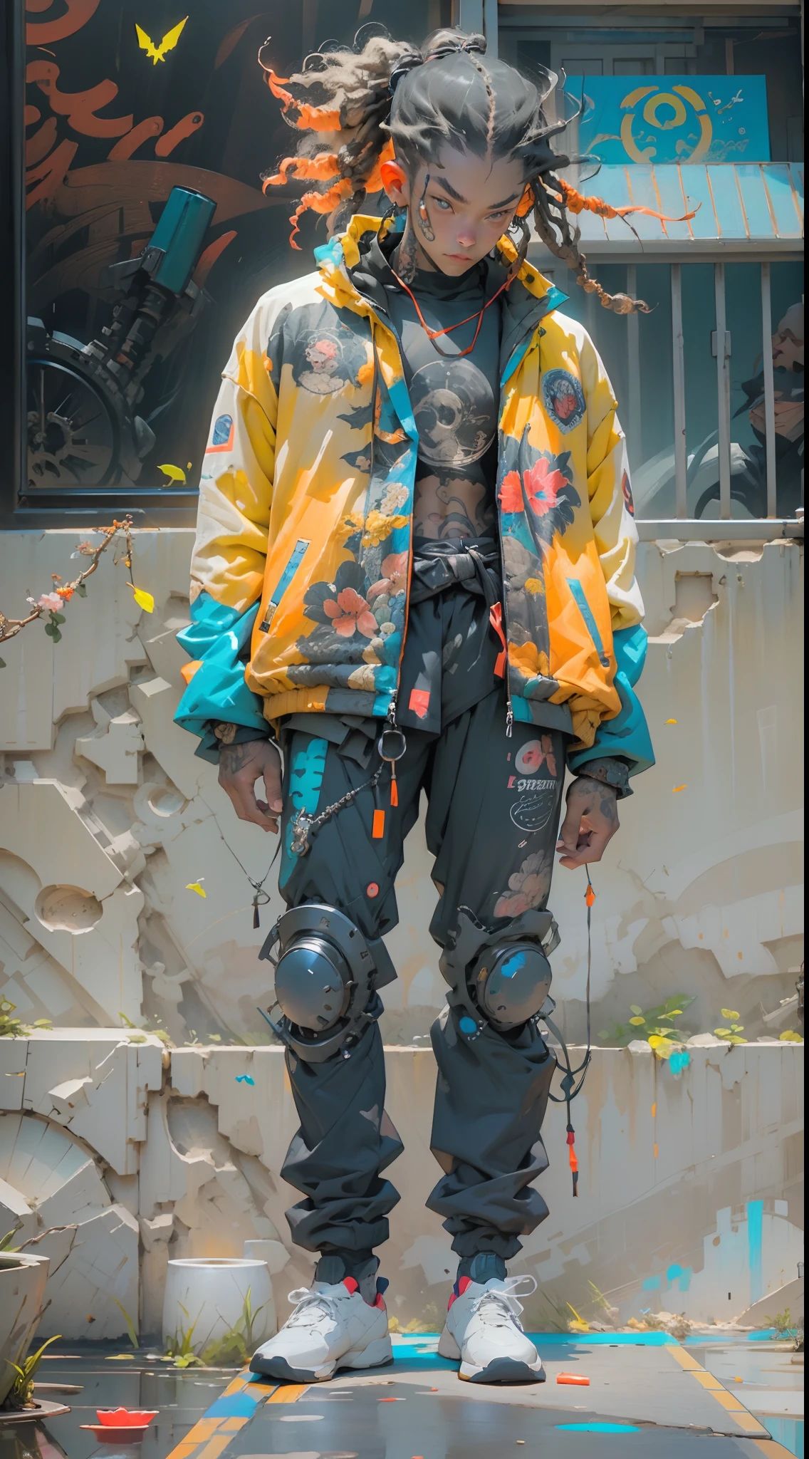 "1 cyborg with tattoos, dread hair in spring, puffer suit, vibrant and luminous colors, sharp and cinematic style, depth of field, capturing the essence of 35mm film, and a touch of luminous painting."