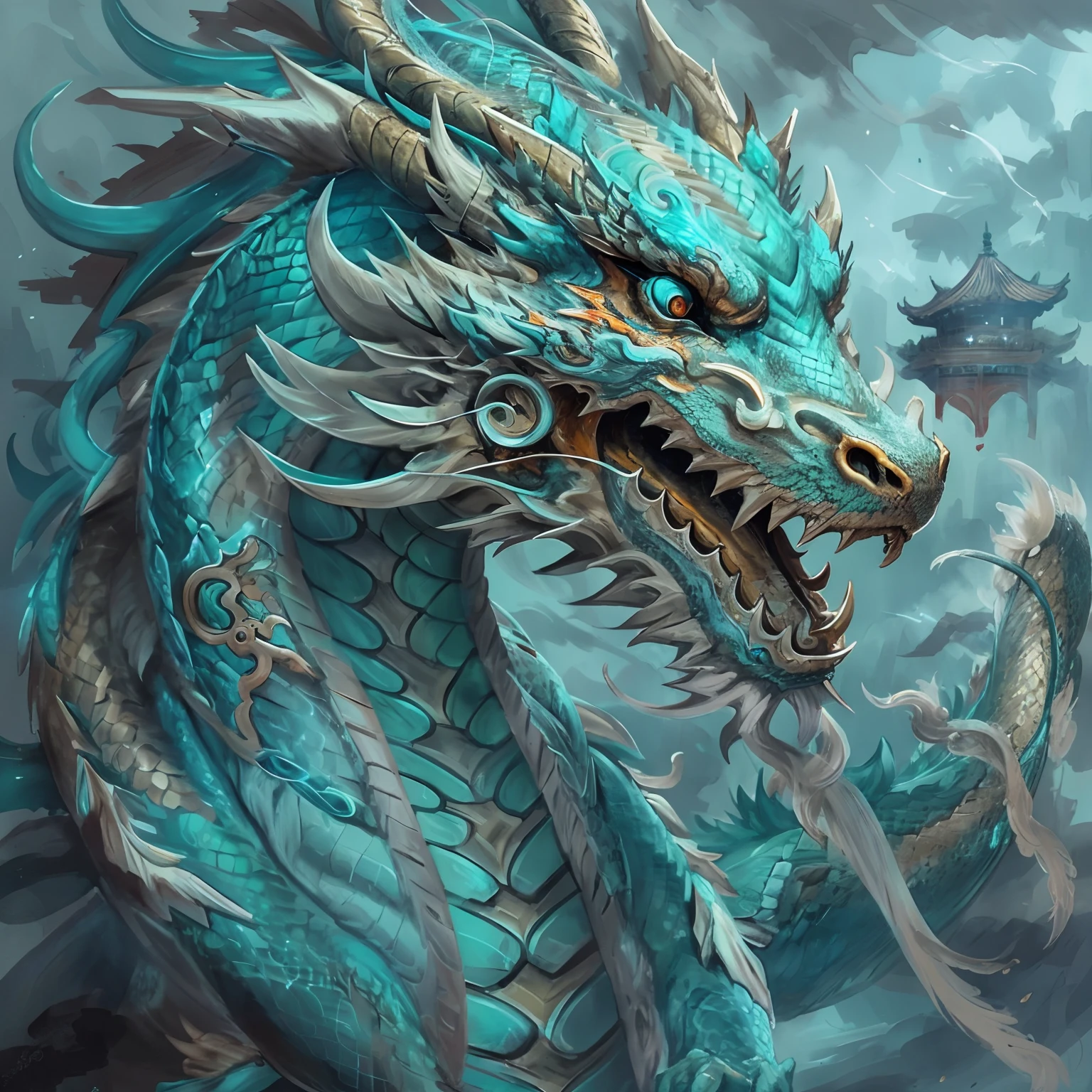 chinese dragon concept art, smooth chinese dragon, Portrait of a cyborg dragon, mythological creatures, Chinese Dragon, ultra detailed Digital art, great digital art with details, dragon portrait, cyan chinese dragon fantasy