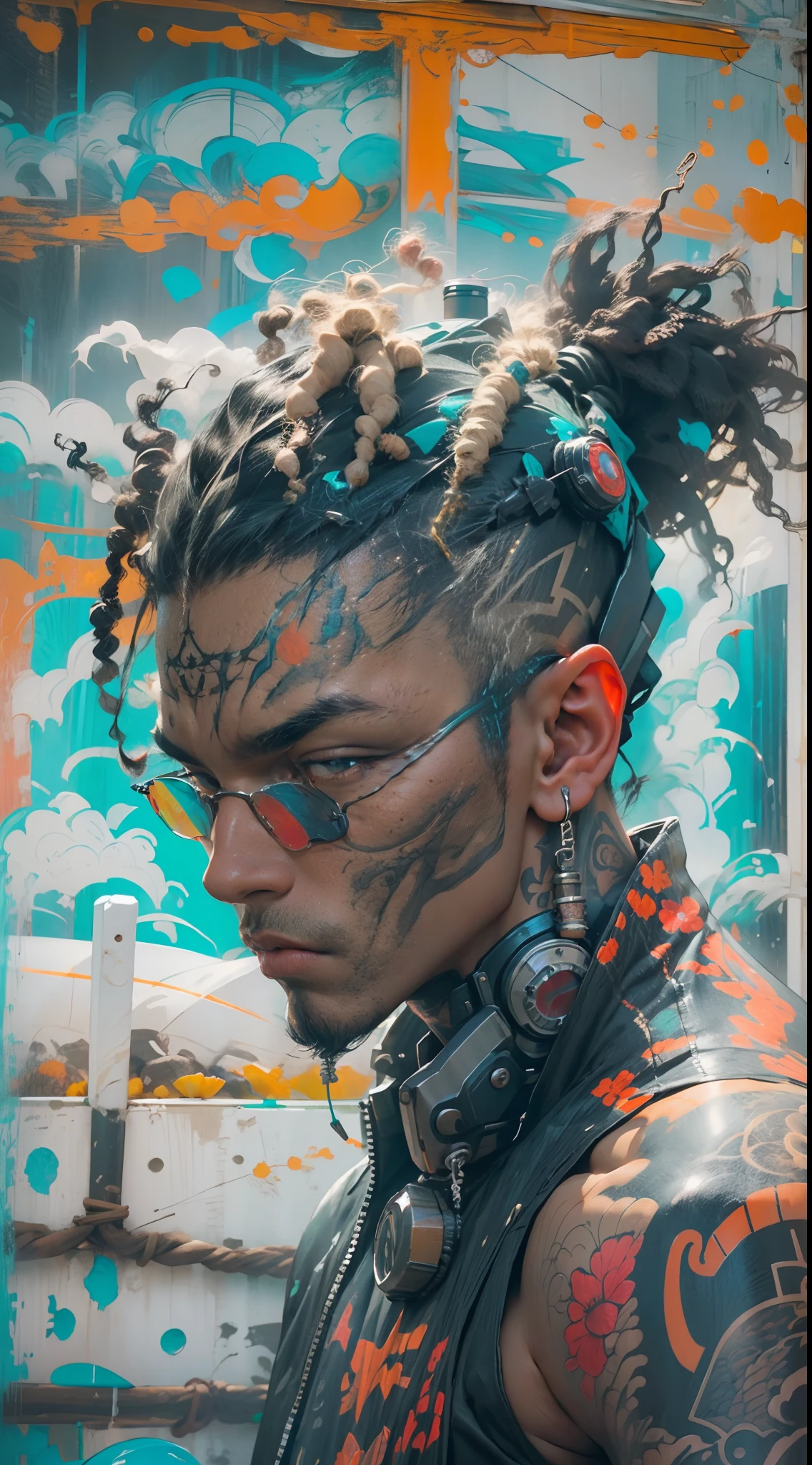 "1 cyborg with tattoos, dread hair in spring, puffer suit, vibrant and luminous colors, sharp and cinematic style, depth of field, capturing the essence of 35mm film, and a touch of luminous painting."