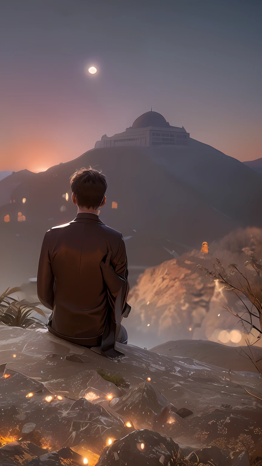 A sad boy, there is a man sitting on a rock looking at the mountains, looking at the mountains, amidst nature, sitting cutely on a mountain, standing in front of a mountain, a wanderer on a mountain, hills in the background, in the distance is a rocky hill, on top of a mountain, chill time. good view, at the top of a mountain drak winter view with stars