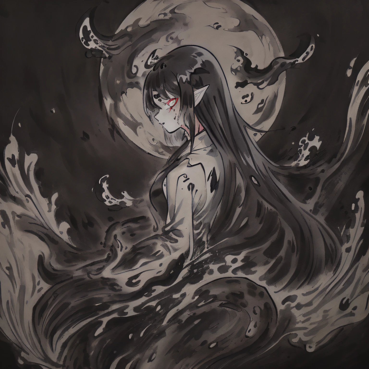 masterpiece, wallpaper, (highly detailed), [street, wall:(1girl), (solo), pale skin, [black eyes|red eyes], (hollow eyes), black hair, long hair, (liquid hair:1.2), floating hair, bangs, expressionless, (black goo:1.4), (white dress:1.2), (white skirt), white, intricated filigree, (stained clothes:1.2):0.25], (black goo:1.4), (black dripping), (black splashing:0.85), (tentacles:0.85), shiny, [:face focus, upper body, (cowboy shot), lateral view, dutch angle, dynamic:0.25], [white background|black goo], volumetric lighting, (high contrast:0.85), (limited palette:0.65)

No ink, no Chinese style can also be spilled，Jump out of the flat frame that most ink paintings struggle to jump out of。Use Black Goo and Tentacles，Dripping creates a feeling of droplets slowly running down the wall，Then cover a layer of high contrast and limited palette。Black Goo's multiple descriptions are necessary。