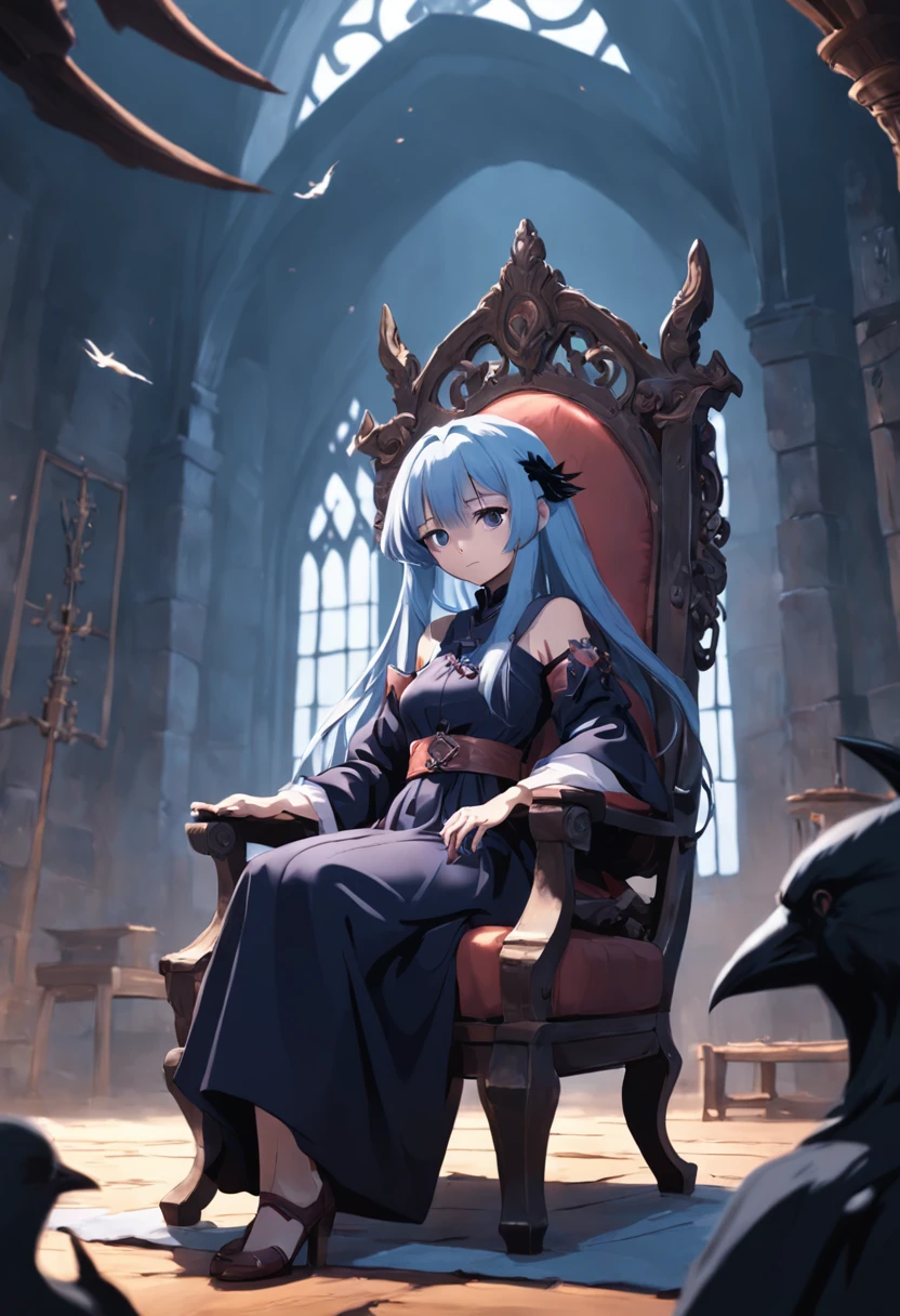 An old witch sits in a Kadilau chair in the background，She was holding a Soniste crow ，gloomy castle，solid color backdrop，clean backdrop，depth of fields，high light，Real light，Ray traching，OC renderer，UE5 renderer，Hyper-realistic，best qualtiy，8K，Works of masters，super-fine，Detailed pubic hair，Correct anatomy，