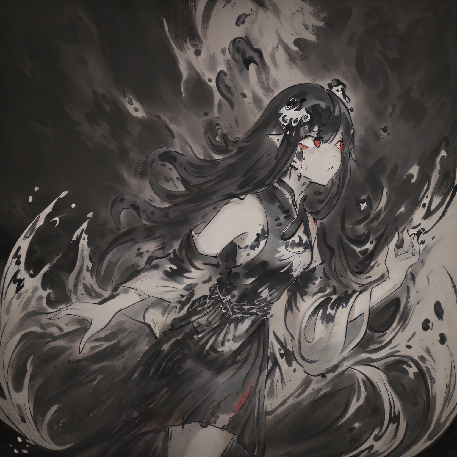 masterpiece, wallpaper, (highly detailed), [street, wall:(1girl), (solo), pale skin, [black eyes|red eyes], (hollow eyes), black hair, long hair, (liquid hair:1.2), floating hair, bangs, expressionless, (black goo:1.4), (white dress:1.2), (white skirt), white, intricated filigree, (stained clothes:1.2):0.25], (black goo:1.4), (black dripping), (black splashing:0.85), (tentacles:0.85), shiny, [:face focus, upper body, (cowboy shot), lateral view, dutch angle, dynamic:0.25], [white background|black goo], volumetric lighting, (high contrast:0.85), (limited palette:0.65)

No ink, no Chinese style can also be spilled，Jump out of the flat frame that most ink paintings struggle to jump out of。Use Black Goo and Tentacles，Dripping creates a feeling of droplets slowly running down the wall，Then cover a layer of high contrast and limited palette。Black Goo's multiple descriptions are necessary。