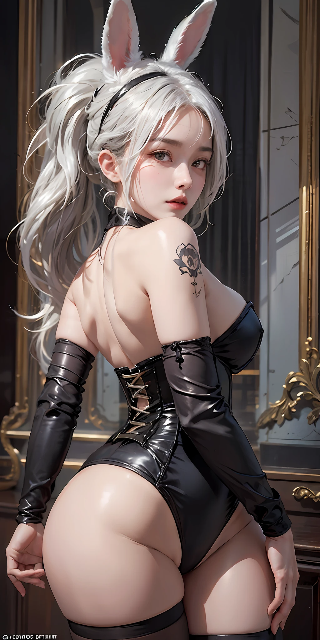 photorealistic, high resolution, soft light,1women, solo, hips up, shining skin, (detailed face), strapless leotard, pantyhose, rabbit ears, folded ponytail, white hair, necktie, wrist cuffs (wearing a satin corset and thigh highs), jewelry, tattoo, fake bunny tail, back view