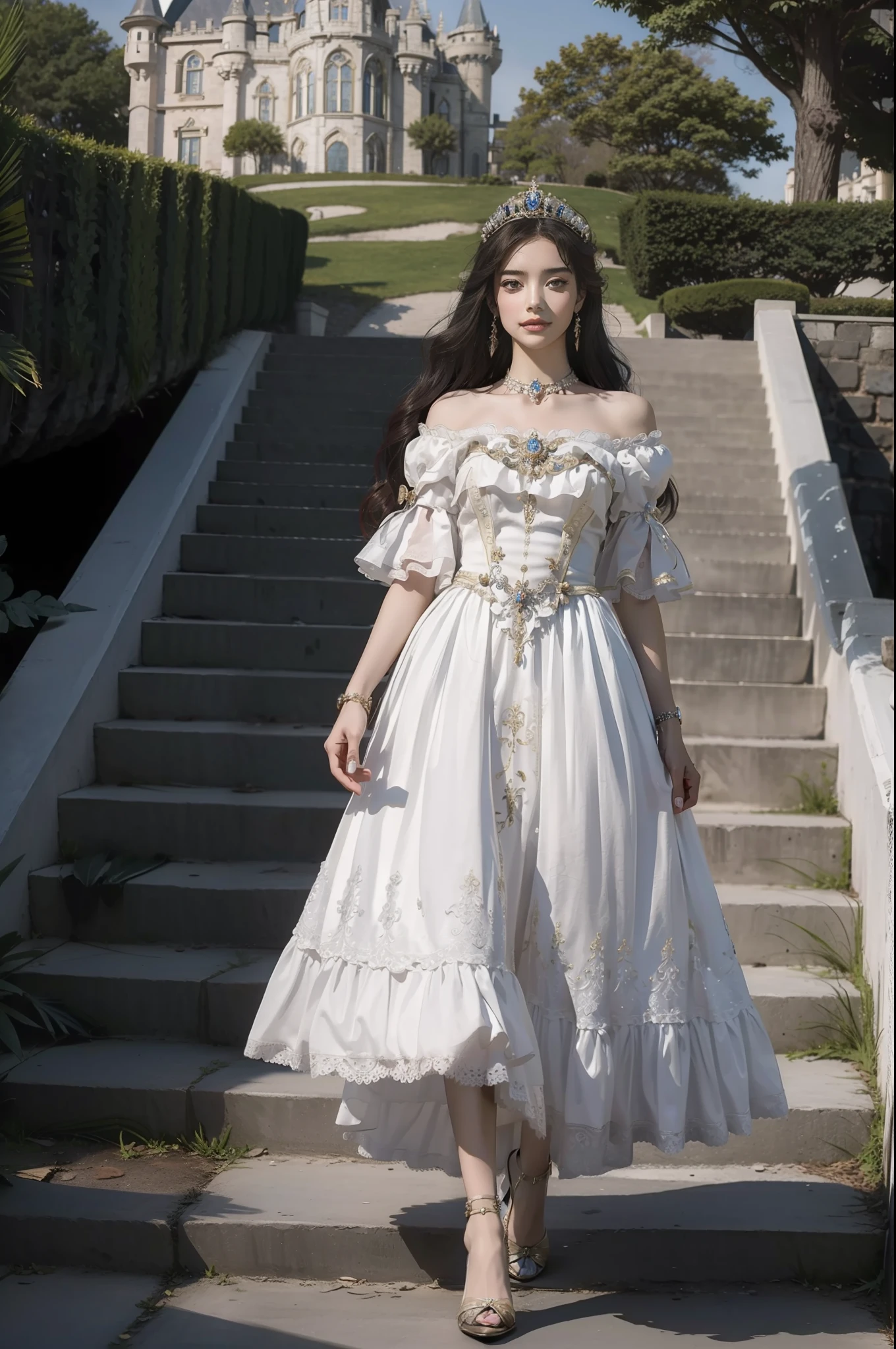((top-quality、masterpiece、8K))、Beauty and Multiple Knights、delicate and beautiful face、(Scene of the princess walking on the stairs outside the castle。A magnificent castle rises behind。)、Glamorous headdress、Luxury Accessories、landscaped gardens、Rosa、Cinematic lighting、Textured skin、Super Detail、high detailing、High quality、hight resolution、Medieval European style、