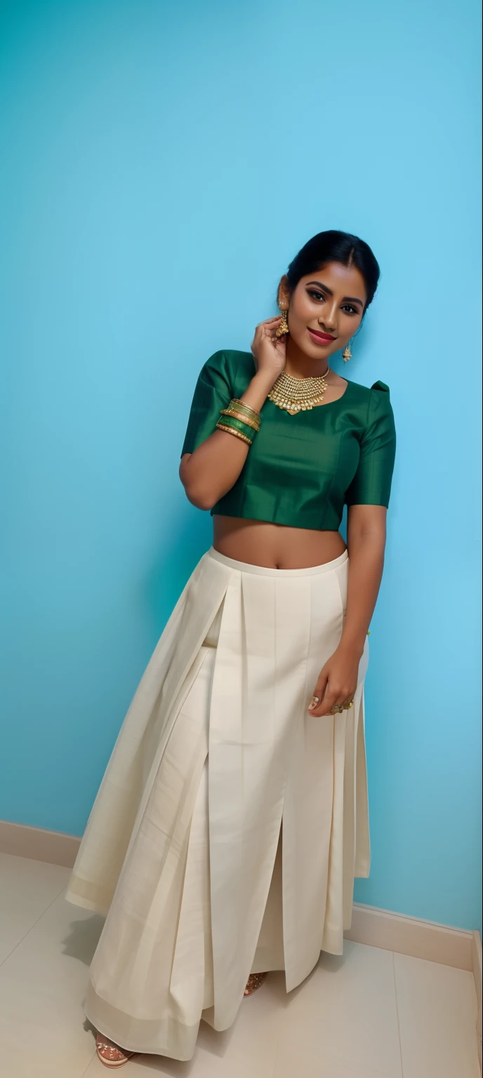 cute face, very detailed, a woman in a green top and white skirt posing for a picture, with lovely look, traditional beauty, white shirt and green skirt, wearing crop top, realistic face, traditional clothes, wearing white skirt, with a beautifull smile, candid picture, wearing an elegant tribal outfit, with small studded earings, with kerala motifs, traditional dress, with fluent cloths, traditional