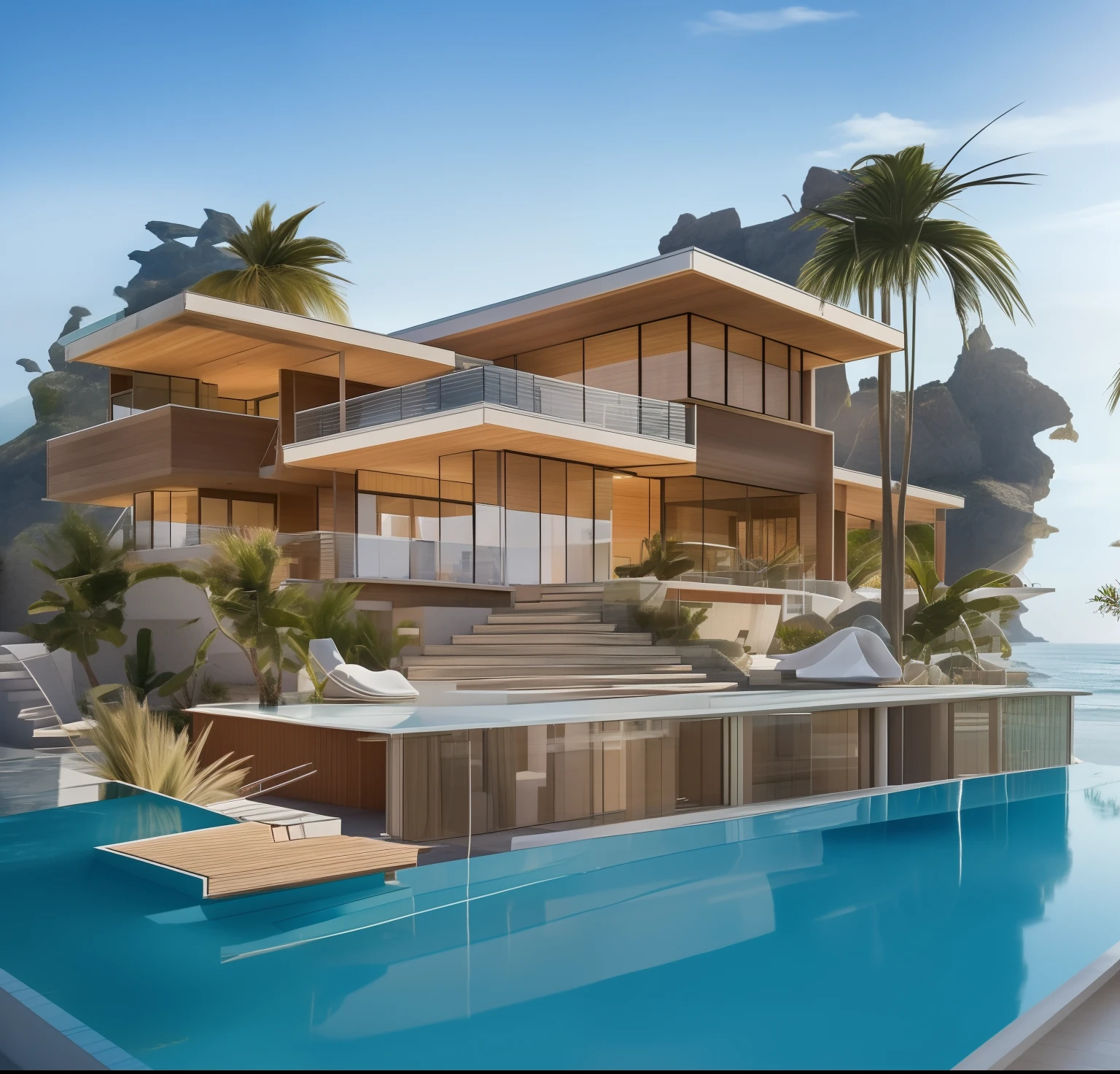 Modernist resort: Constructed with wood and glass, located by the seaside, fostering a natural and comfortable atmosphere. On clear days, the seawater and sunlight surrounding the resort offer a feeling of relaxation and comfort.