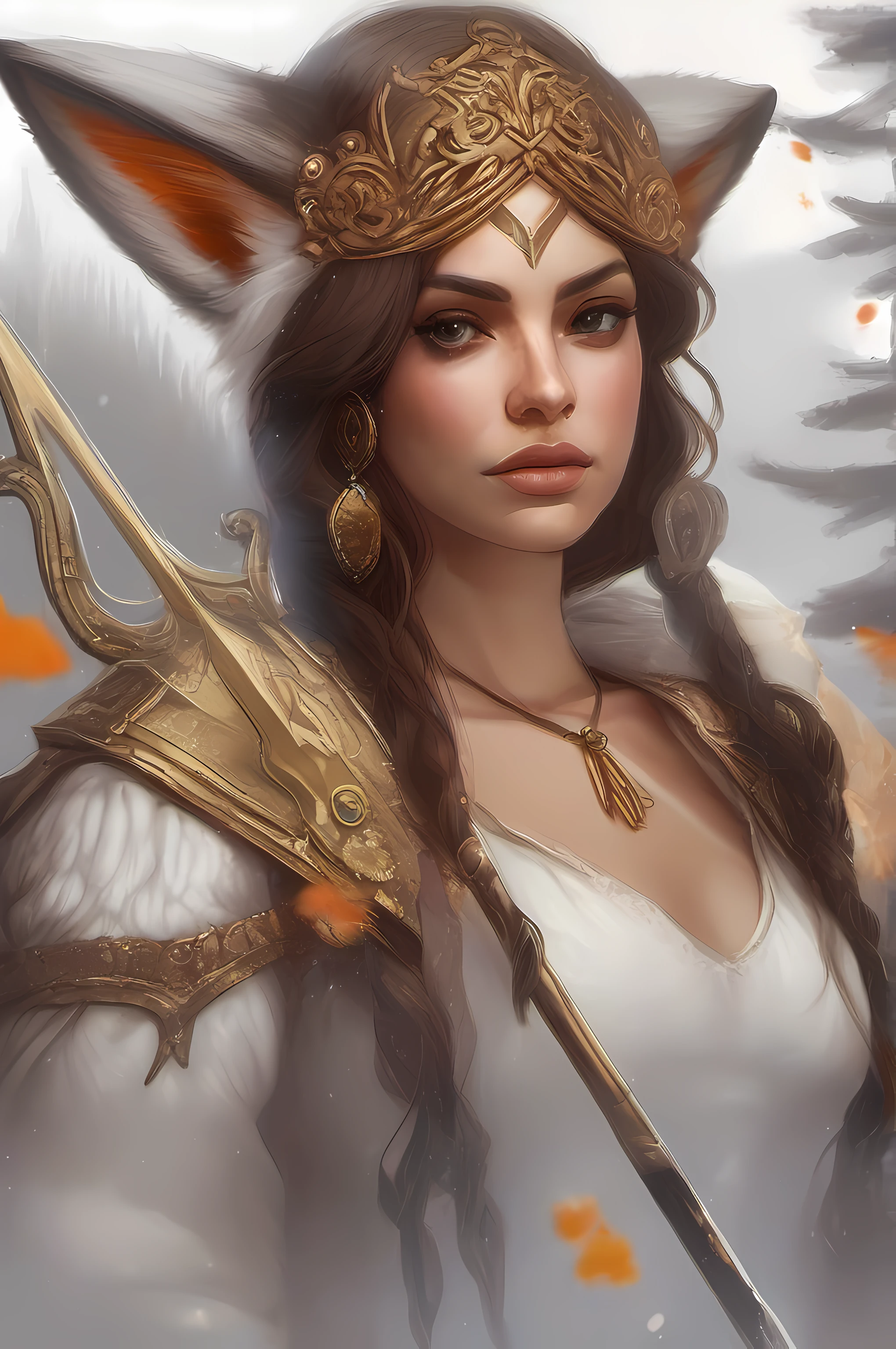 retrato de uma dama-raposa, of a shattered, lifeless epic fantasy world, Draw a fox lady holding a magic staff with fox features, fox ears on the head and a long three-pointed tail, pintura digital, elegante, altamente detalhado, arte conceitual, liso, foco nítido, illustration, Arte de Greg Rutkowski, e Borris Vallejo