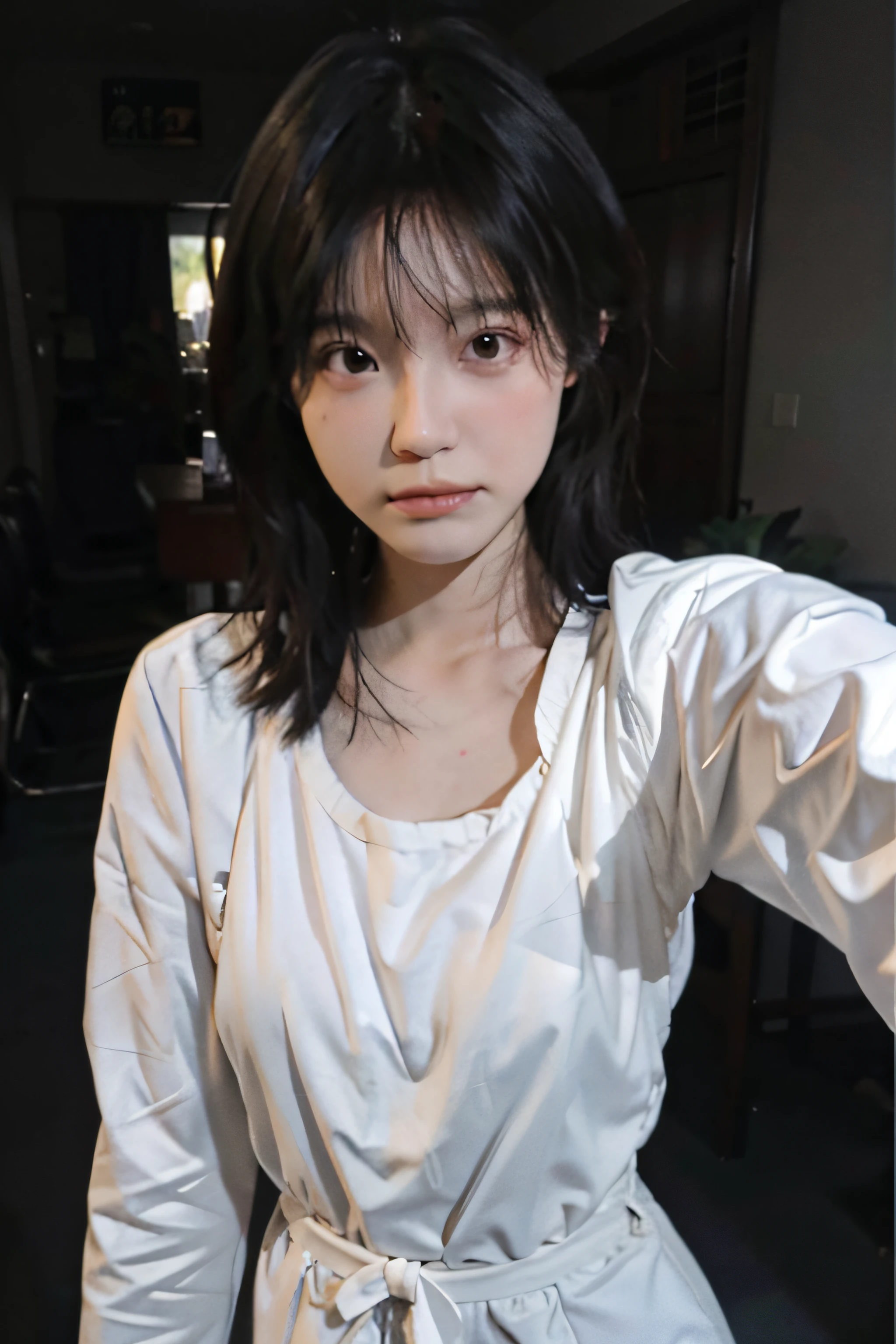 8K，best qualtiy，tmasterpiece，超高分辨率，（真实感：1.4），RAW photogr，（True skin texture：1.3），（filmgrain：1.3），（Selfie angle），1个Giant Breast Girl，Beautiful eye and face details，tmasterpiece，Best quality at best，Full body photo