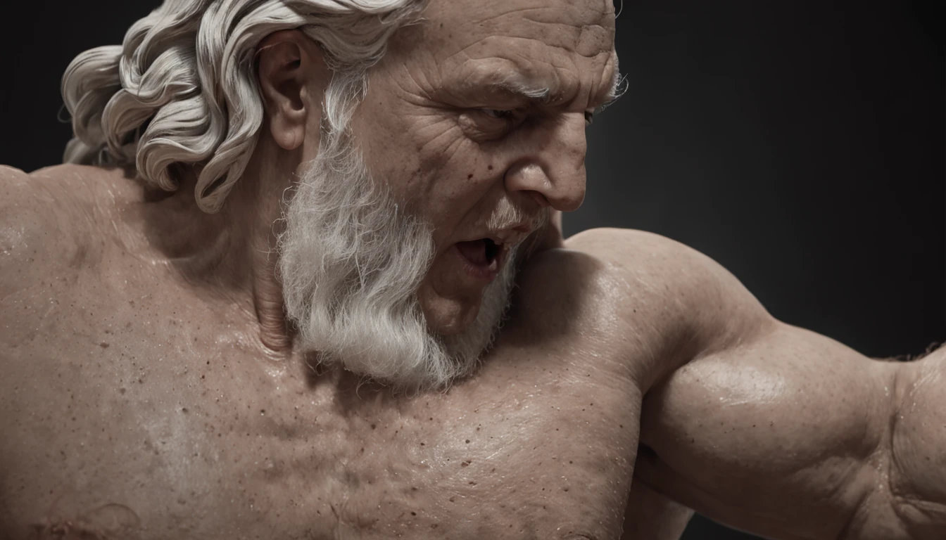(Professional 3D rendering:1.3) de (Realistic:1.3) foto de arte mais bonita do mundo，Features Greek statue, ((Stoic epic fantasy, homem de 50 anos, musculoso, Tabby Hero, olhar irritado, cabelo comprido branco, long white beard and fierce expression in dynamic pose, fantastic location, majestoso ambiente desordenado)), corpo inteiro 8k unidade render, action shot, poros da pele, very dark lighting, sombreamento pesado, circunstanciado, rosto detalhado, (Vibrando, Fotografia realista, Realistic, Dramatic, Escuro, foco nítido, 8k), (Roupas de couro velhas danificadas pelo mau tempo:1.4), ((((Use peles)))), (intrincado:1.4), decadente, (altamente detalhado:1.4), Pintura digital, rendering by octane, art stations, conceito-arte, liso, foco nítido, illustration, germe da arte, (Loish:0.23), Wlop Ilya Kuvshinov, e greg rutkowski e alphonse mucha gracias, (global ilumination, studiolight, light volumetric), chuva forte, floating particles, patife, fantasia, Nosso, Corpo inteiroesbiano, ((Fundo escuro e antigo da cidade:1.3)),CGSesociedade,art stations