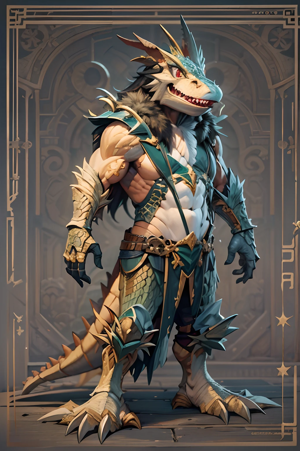 Game character standing drawing design，Disney animation，style of disney animation，Crocodile wizard，coda，Thick scales，Fur shoulders，Stout limbs，Muscle explosions，Equipped with a huge bone staff，Different layers overlay，Different angles，（Left view full body：1.4），solid color backdrop，clean backdrop，depth of fields，high light，Real light，Ray traching，OC renderer，UE5 renderer，Hyper-realistic，best qualtiy，8K，Works of masters，super-fine，Detailed pubic hair，Correct anatomy，