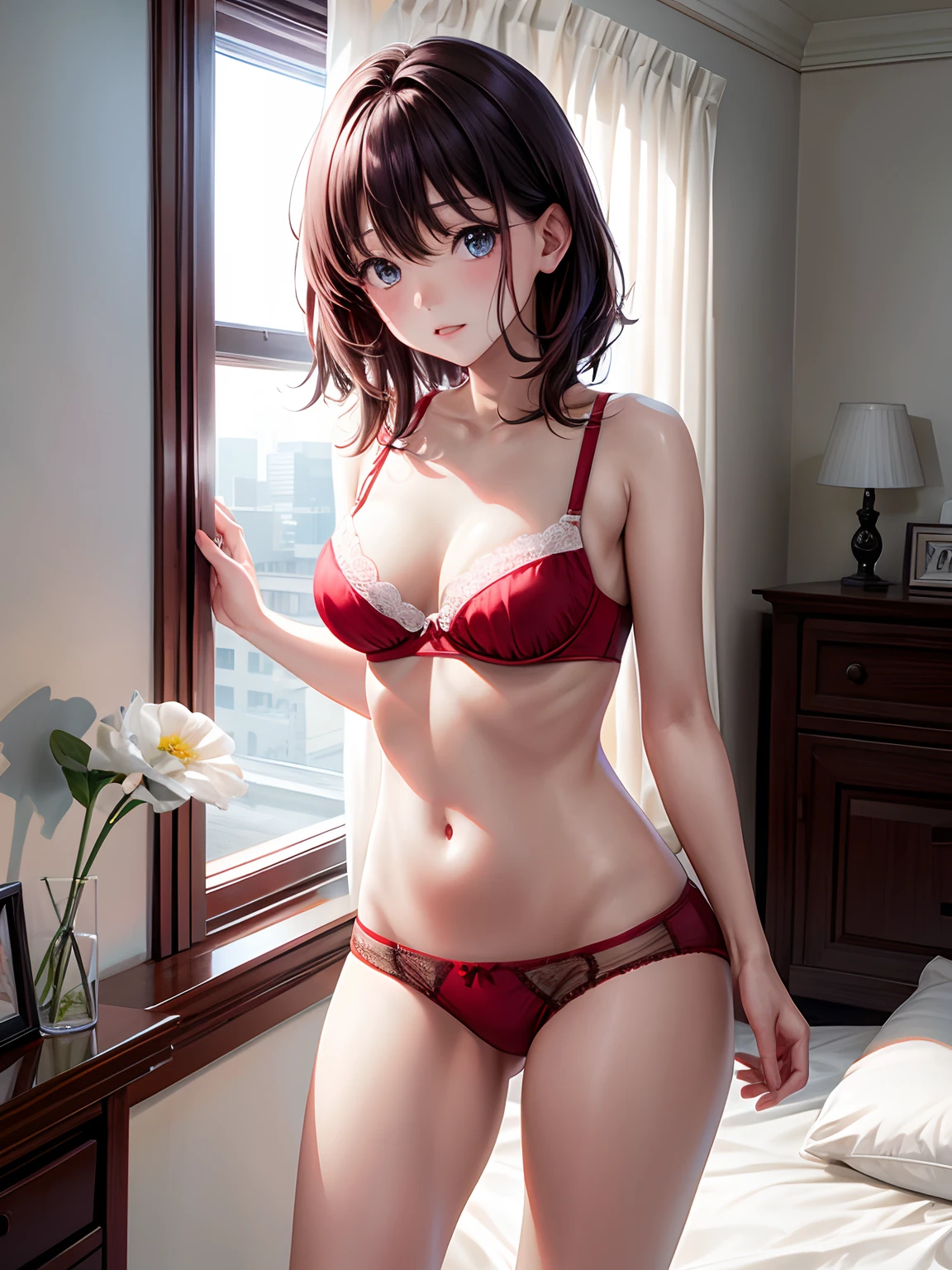 lighting like a movie、top-quality、Bedroom、Girl in underwear standing next to bed、embarrassed from、white  panties(Red accent color)、White bra(Red accent color)、