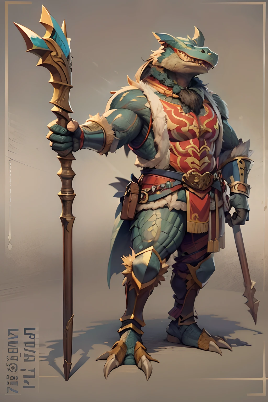 Game character standing drawing design，Disney animation，style of disney animation，Crocodile wizard，coda，Thick scales，Fur shoulders，Stout limbs，Muscle explosions，Equipped with a huge bone staff，Different layers overlay，Different angles，（Left view full body：1.4），solid color backdrop，clean backdrop，depth of fields，high light，Real light，Ray traching，OC renderer，UE5 renderer，Hyper-realistic，best qualtiy，8K，Works of masters，super-fine，Detailed pubic hair，Correct anatomy，