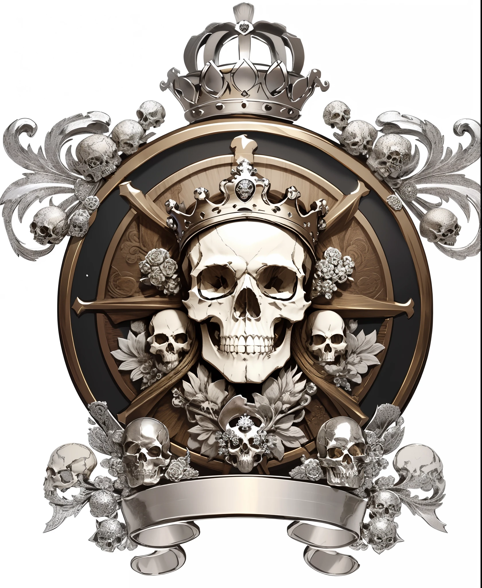 a skull with crown and shield with flowers and ribbons, with a crown of skulls, crown of skulls, ornate piracy, skull and bones, fantasy skull, royal insignia in background, crown of bones, shield emblem, skull design for a rock band, crown made of bones, emblem, imperial symbol, 3 d design for tattoo, by Radi Nedelchev