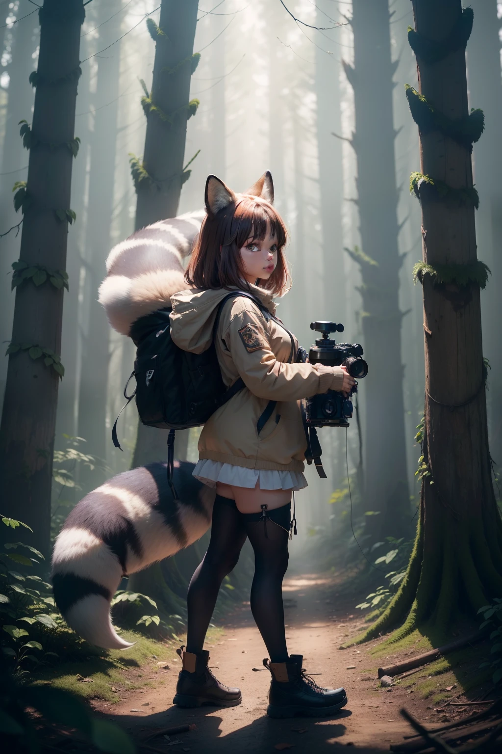 RAW, masterpiece, ultra fine photos,, top-quality, 超A high resolution, Photorealsitic, sunlights, Full body portrait, stunningly beautiful,, delicated face, vibrant eyes, (from side view), She is an anthropomorphic fox with a red, brown and white color scheme, He was an anthropomorphic raccoon with a black and brown color scheme、Highly detailed abandoned forest background, A detailed face, Messy and gorgeous、foco nítido、volumetric fog、8K UHD、dslr camera、hightquality、film grains、fair white skin、photorealisim、Lomography、Mysterious primeval forest、view from below、