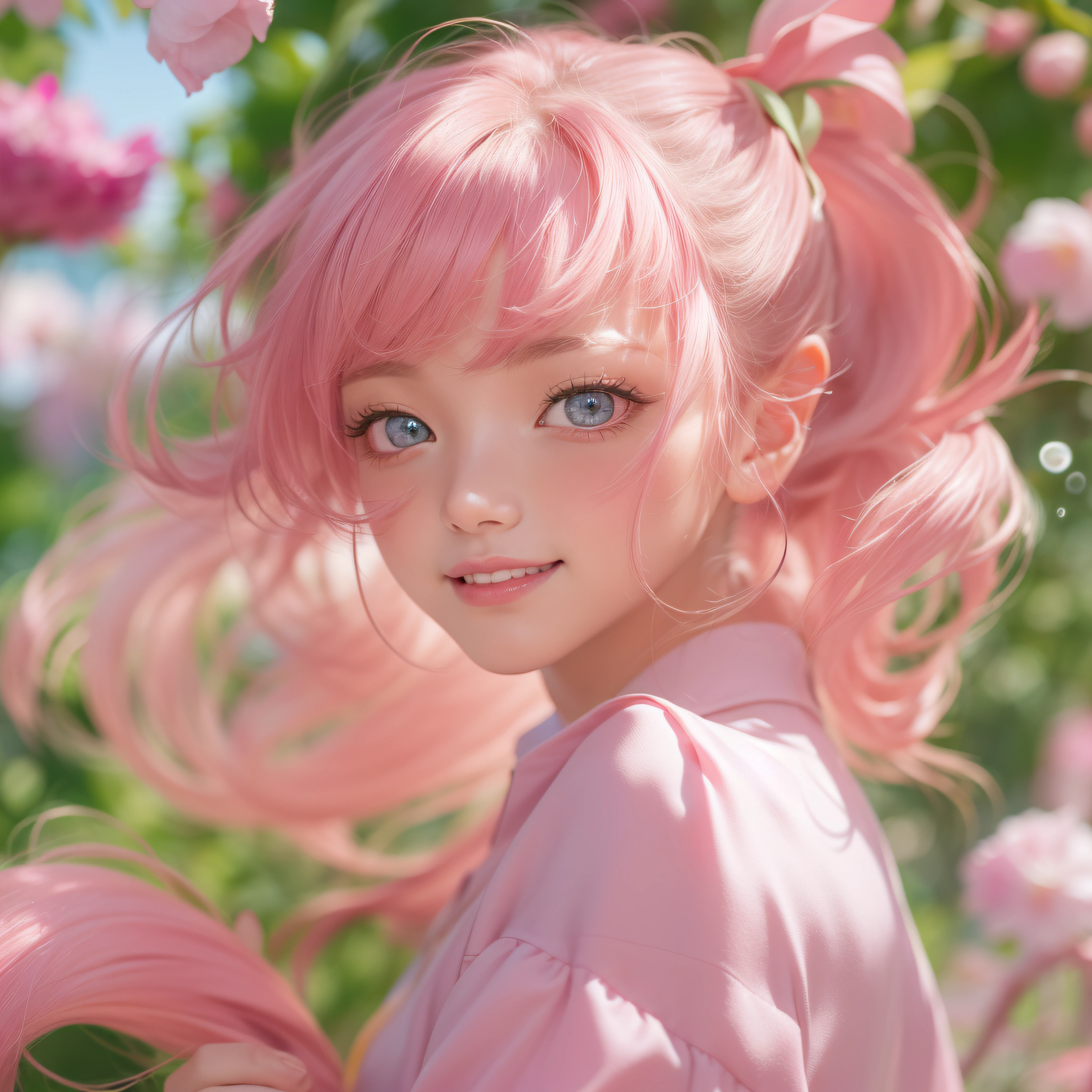 pink there、pink there、pink there、Close up of smiling face with open mouth、Close up of smiling face with open mouth、Close up of smiling face with open mouth、Close up of smiling face with open mouth、Close up of smiling face with open mouth、pink hair in a ponytail、pink hair in a ponytail、pink hair in a ponytail、Facing the front、(masterpiece、realisitic、hight resolution)、(1 girl in):1.2)、Do-Up Eye、a japanese girl、(Best Quality), (masutepiece), (1girl in), Solo, Beautiful Girl, Perfect Pink、faces, There are a lot of small pink soap bubbles floating around、 Big Breast,dreamlikeart、Highly detailed airbrush art(((Surreal))、intricate detailes、Volumetric lighting、(masterpiece:1.2)、(top-quality)、The ultra-detailliert、(The composition of the movement:1.4)、Highly detailed pink details、(Irridescent color:1.2)、(Lighting is pink、Atmospheric lighting)、Magical、dynamic compositions、Ray traching、The mirror reflects light、Shallow depth of field、ultra-detailliert、mixing exposure、nffsw、Super masterpiece、Her eyes are glowing red、Her face is full of anticipation and courage for adventure.、A smile appears on her pink lips、Pink smile and adventurous air、Admire the pink flower fields。In her gaze there is a thirst for unknown lands.、Inspire a sense of adventure。 At the rear、The sun is slowly tilting to the west。Its light brings pink light to the flower garden、The swaying flower garden creates a beautiful scenery..。Her courage and determination are condensed.、Eye-catching presence。Her eyes shine sharply。pink there、