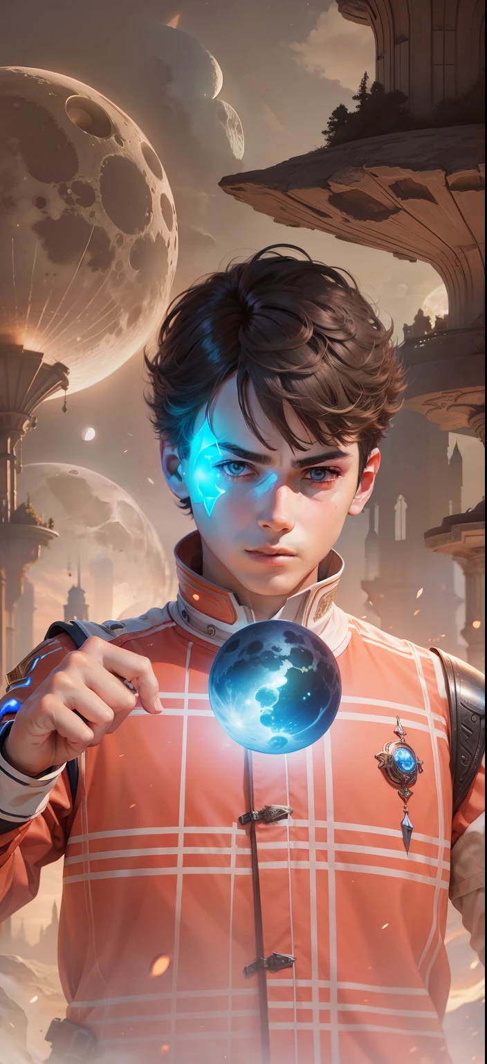 Boy With hand Magic Futuristic moon background realistic face ultra realistic high quality HD