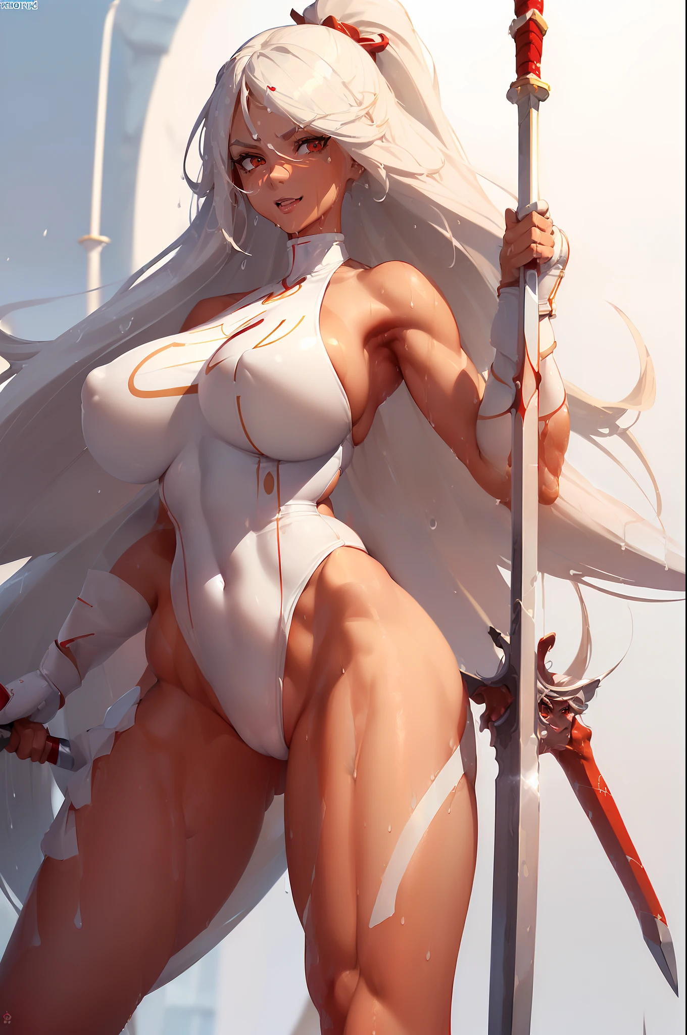 (Woman stand on one leg:1.4), full-body, (long white hair), (sword in hands:1.4), (natural huge breast:1.4), (slim), (tan skin:1.4), (dynamic lighting:1.5), (highly detailed:1.4), (detailed face and eyes:1.4), (sport white swimsuit with red line:1.4), (wet skin:1.4), (puffy nippels:1.3), (smile face), (high ponytail), (spear legs:1.4), (open legs:1.4), (muscular:1.3), (red and white line in the background:1.4).