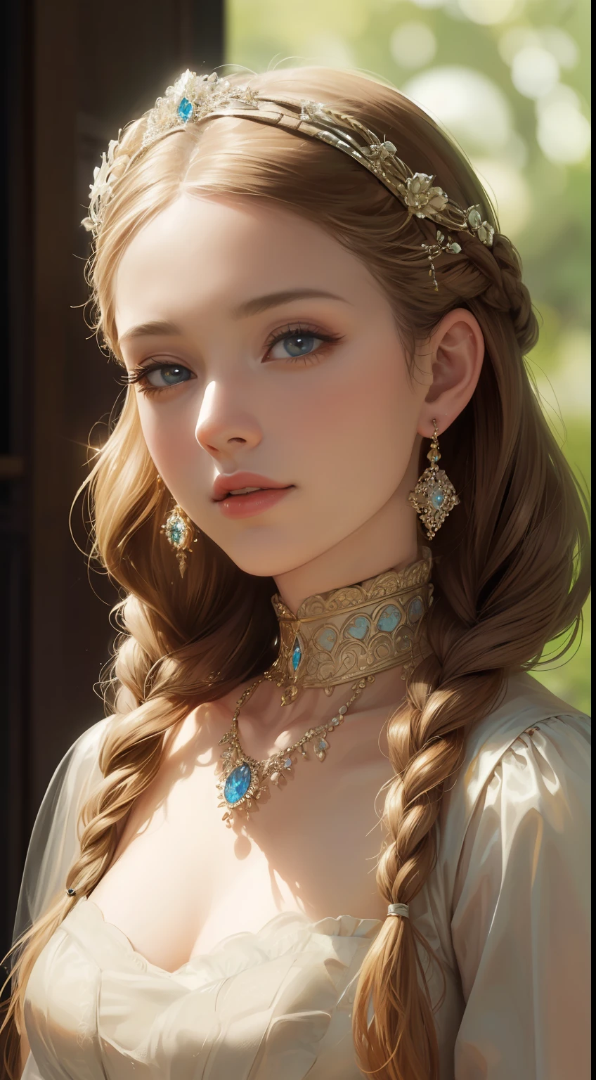 (Ultra-high quality masterpiece,Beautiful bust of an 18-year-old noble girl,Classical braids,The eyes are shiny and clear,Floral craftsmanship,Crystal jewelry,Ultra-fine details,Soft lighting)