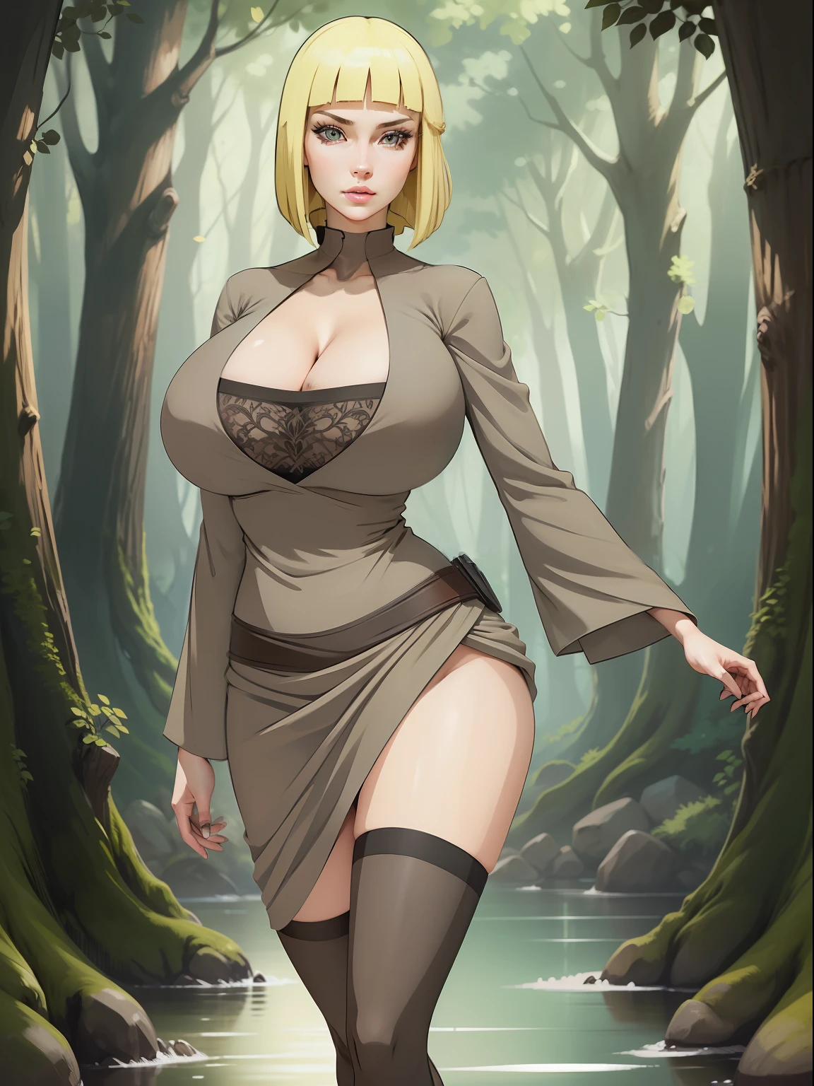 1 women, Blonde, detailed eyes, detailed face, (huge tits), masterpiece, 4k, realistic river, realistic forest, full body, high heel, busty, bob shoulder hair, (), (), crowling pose, gray outfit,