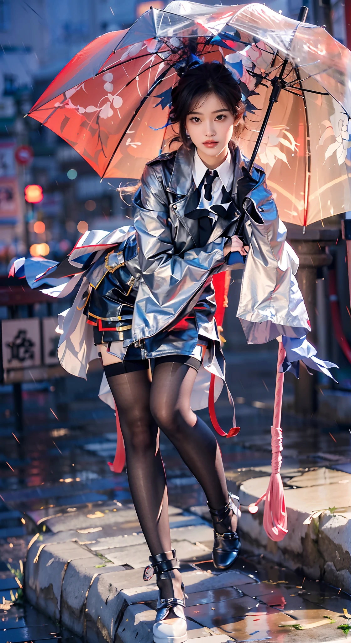 Hold an umbrella with your left hand,Legs of black stockings,Slim beauty